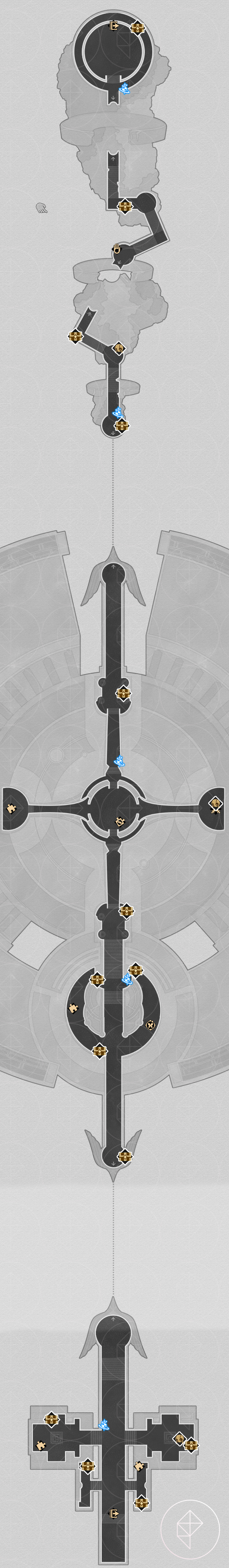 A long map of the “Lightless Chapel” Dawncloud area in Honkai: Star Rail, pointing out the various puzzles and chests.