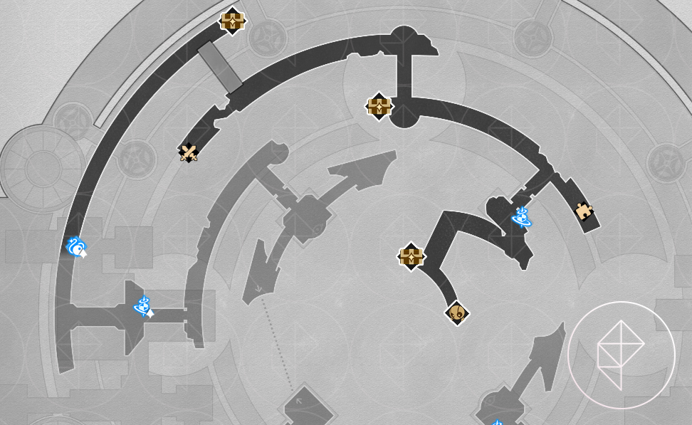 A map of “Cloudedge Bastion Ruins” Eye of Twilight in Honkai: Star Rail, showing the chests found on the winding paths of the first floor.