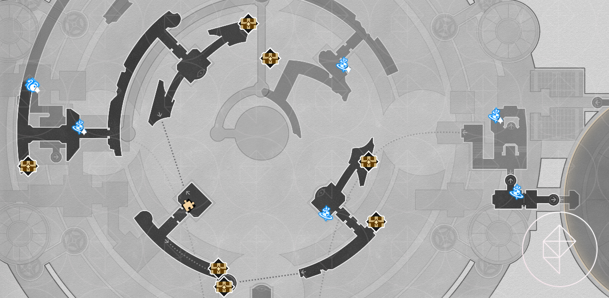 A map of “Cloudedge Bastion Ruins” Eye of Twilight in Honkai: Star Rail, showing the chests found on the winding paths of the second floor.