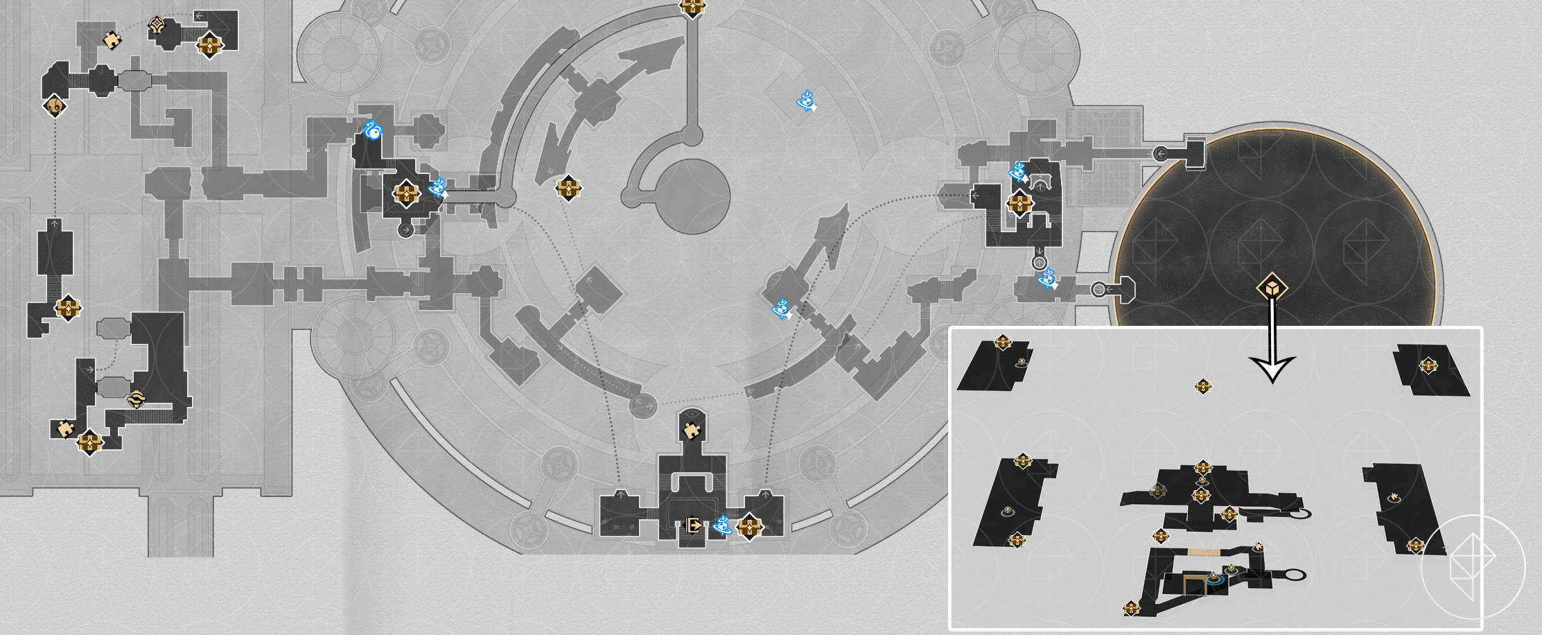 A map of “Cloudedge Bastion Ruins” Eye of Twilight in Honkai: Star Rail, showing the chests found on the partitioned off areas of the third floor, including the 3D puzzle room.