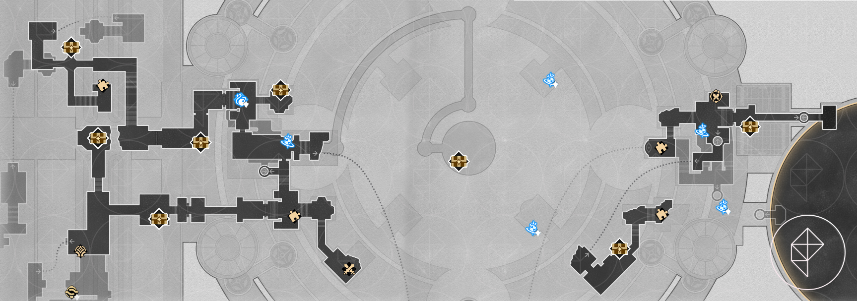 A map of “Cloudedge Bastion Ruins” Eye of Twilight in Honkai: Star Rail, showing the chests found on the very separated parts of the fourth floor.
