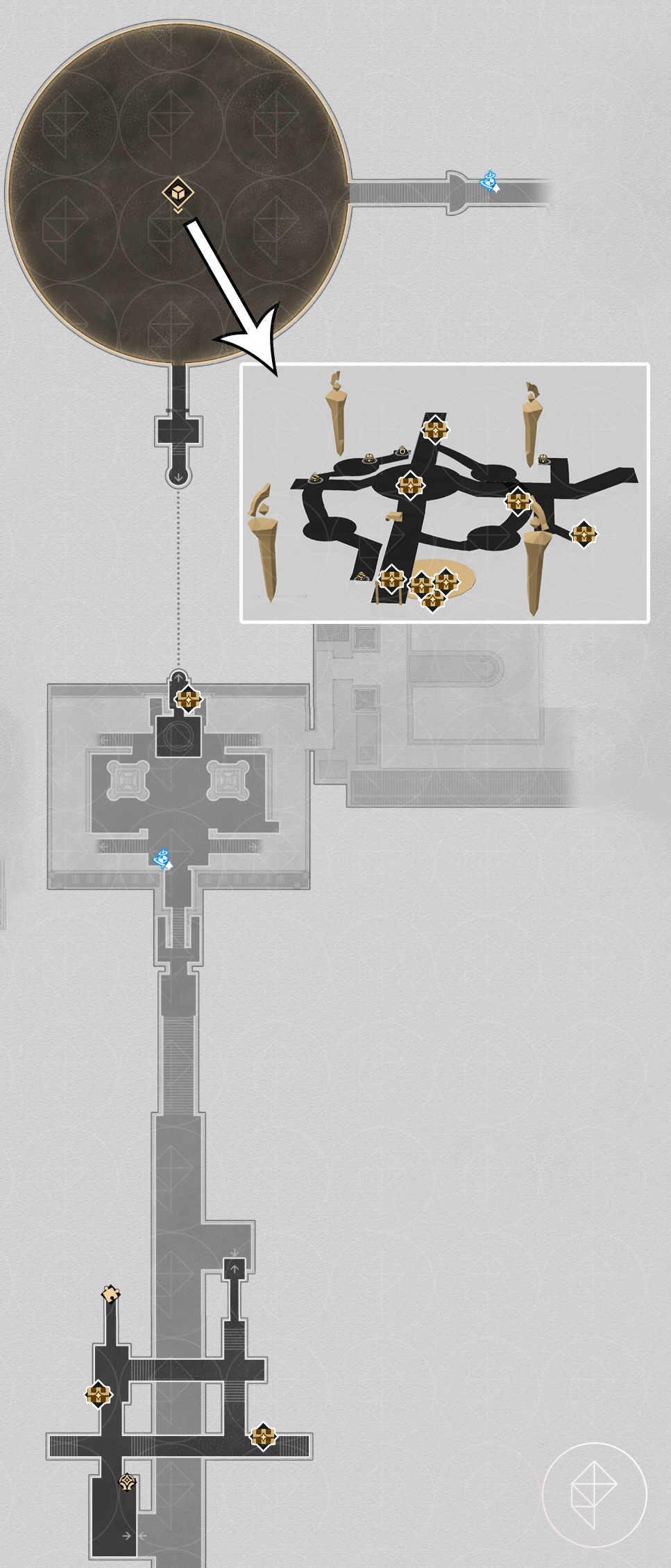 A map of the ‘Bloodbathed Battlefront’ Castrum Kremnos basement in Honkai: Star Rail with the treasure chests labeled.