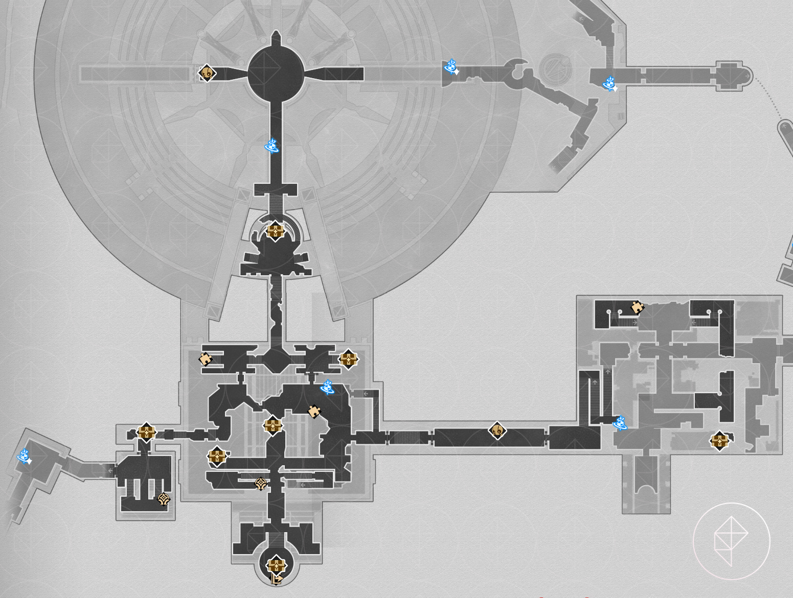 The ‘Strife Ruins’ Castrum Kremnos second floor map in Honkai: Star Rail with the treasure chests marked.