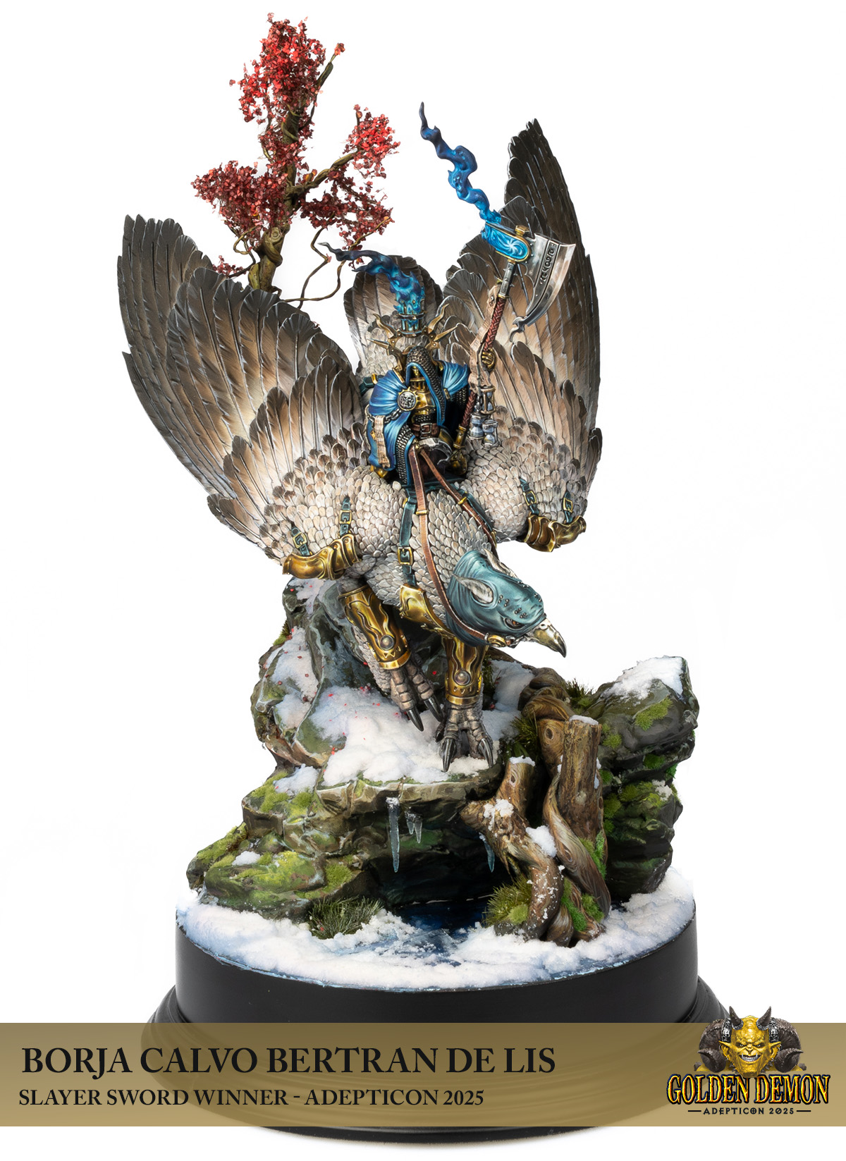 A blue and gold knight on the back of a giant bird.