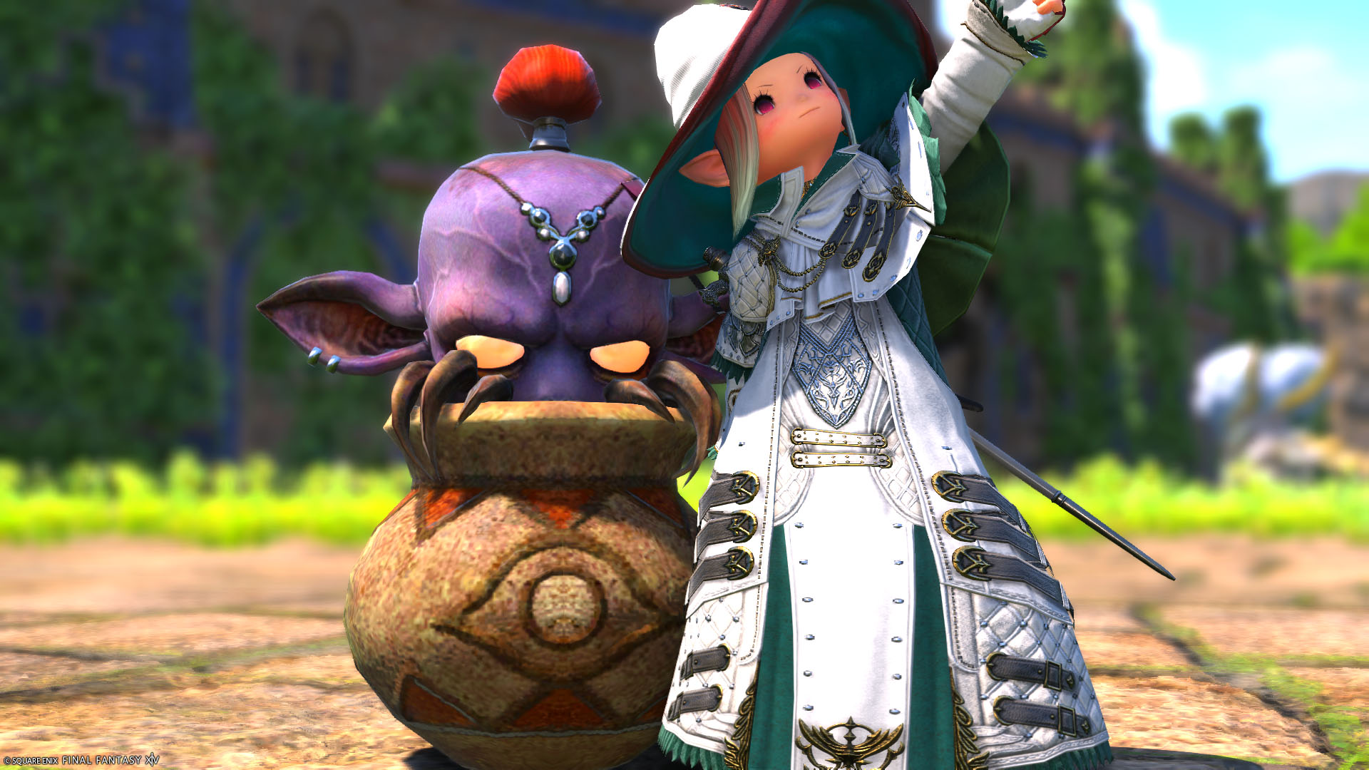 A Final Fantasy XIV screenshot showing a White Mage lalafel posing beside a pot creature.