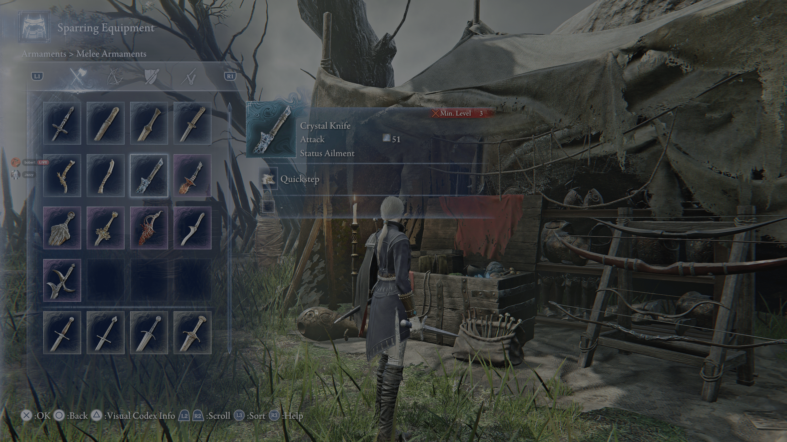 The Duchess changing their weapon at the weapon cache in the Sparring Grounds.