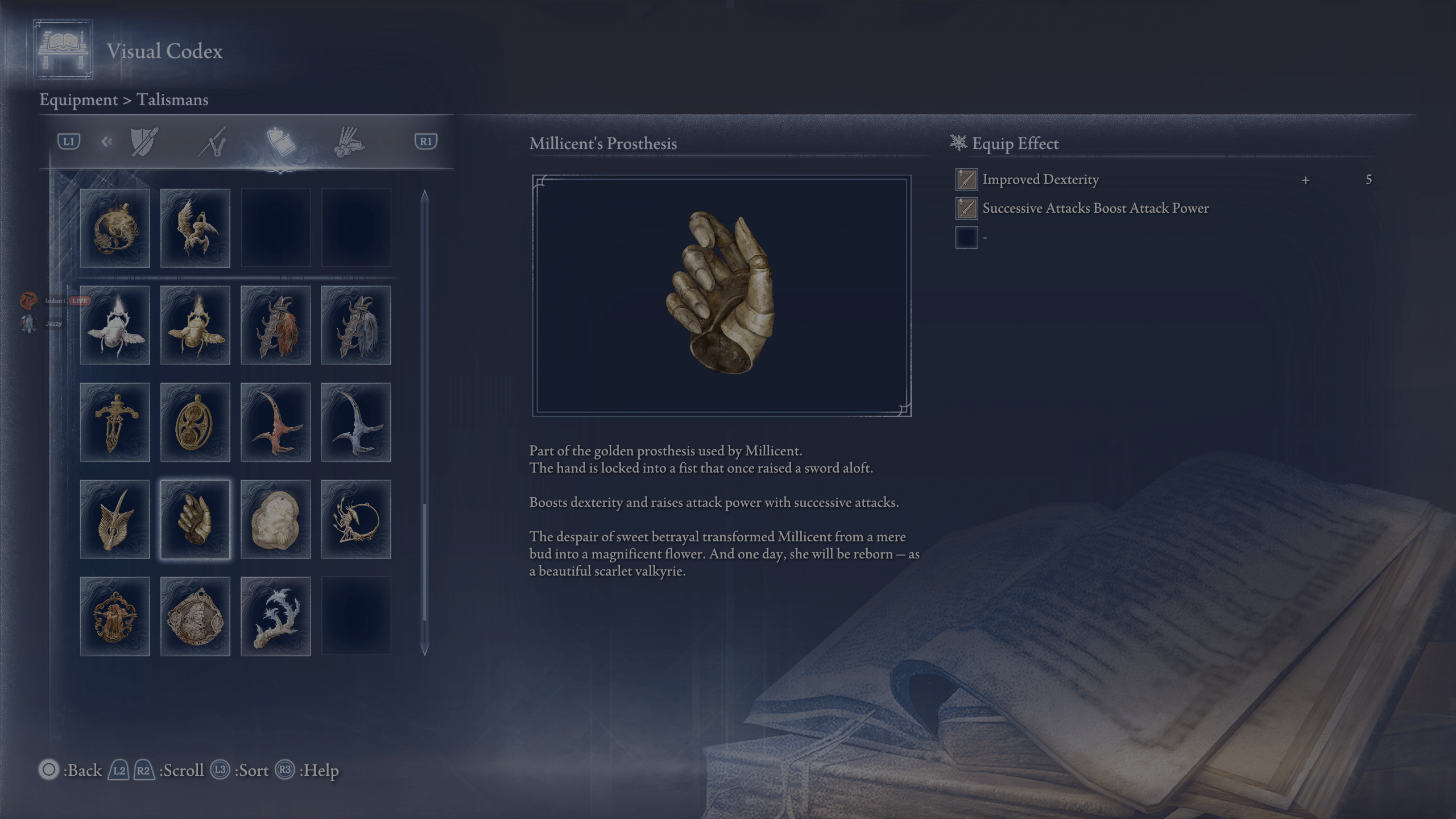 The detailed description of the Millicent’s Prothesis talisman in the Visual Codex of Elden Ring Nightreign.