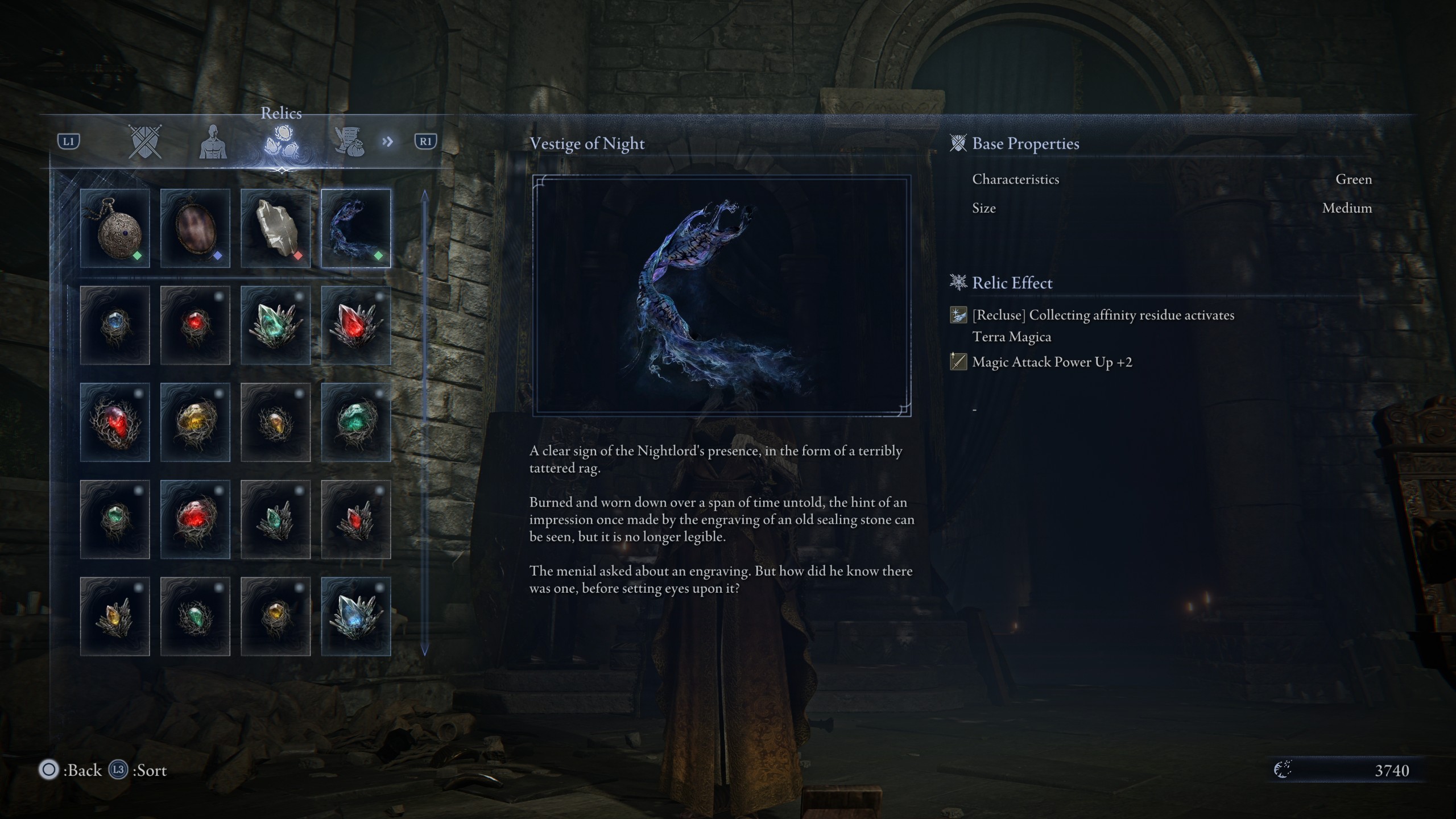 The detailed description of the Vestige of Night relic in Elden Ring Nightreign.