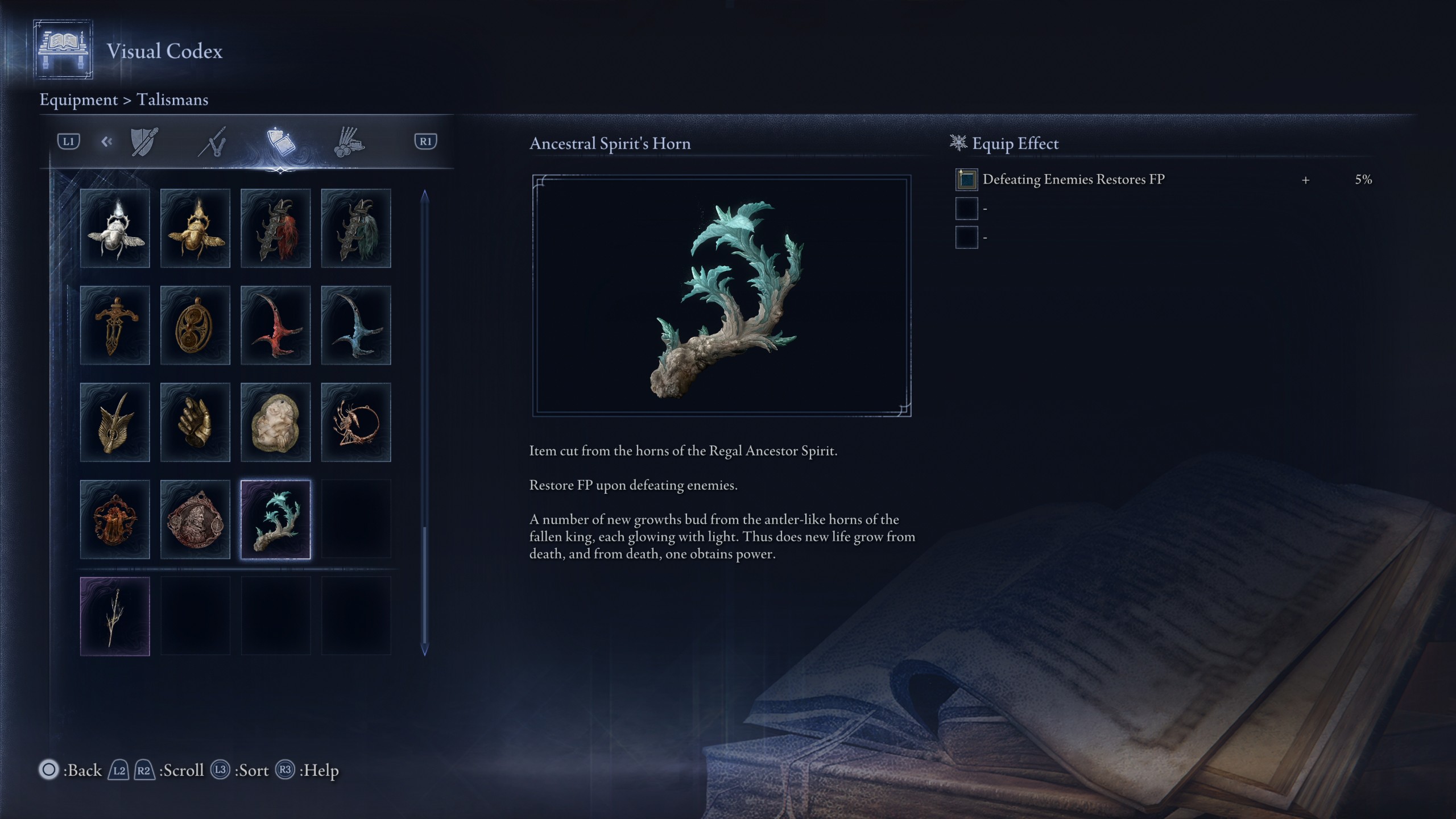 The detailed description of the Ancestral Spirit’s Horn talisman in the Visual Codex of Elden Ring Nightreign.