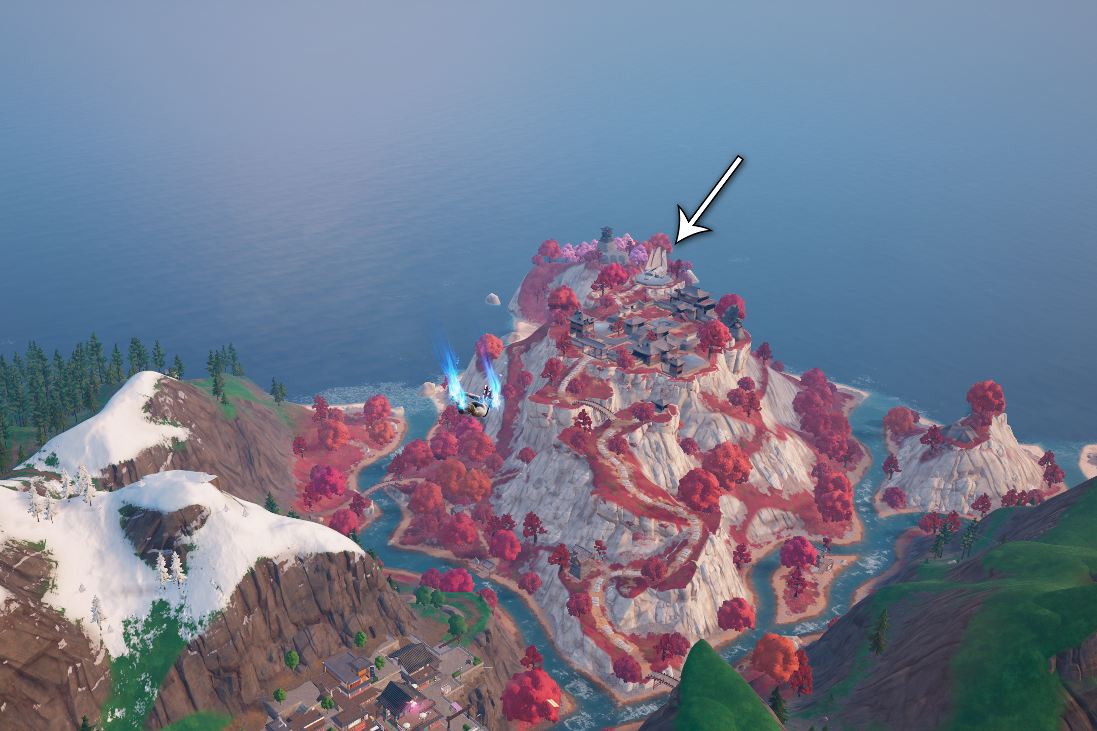 A Fortnite character dives off the battle bus, seeking out a Darth Vader ship pointed out in front of her.