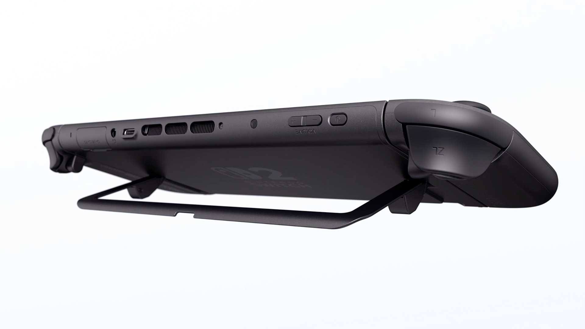 A look at the rear of the Switch 2 with its kickstand fully lowered