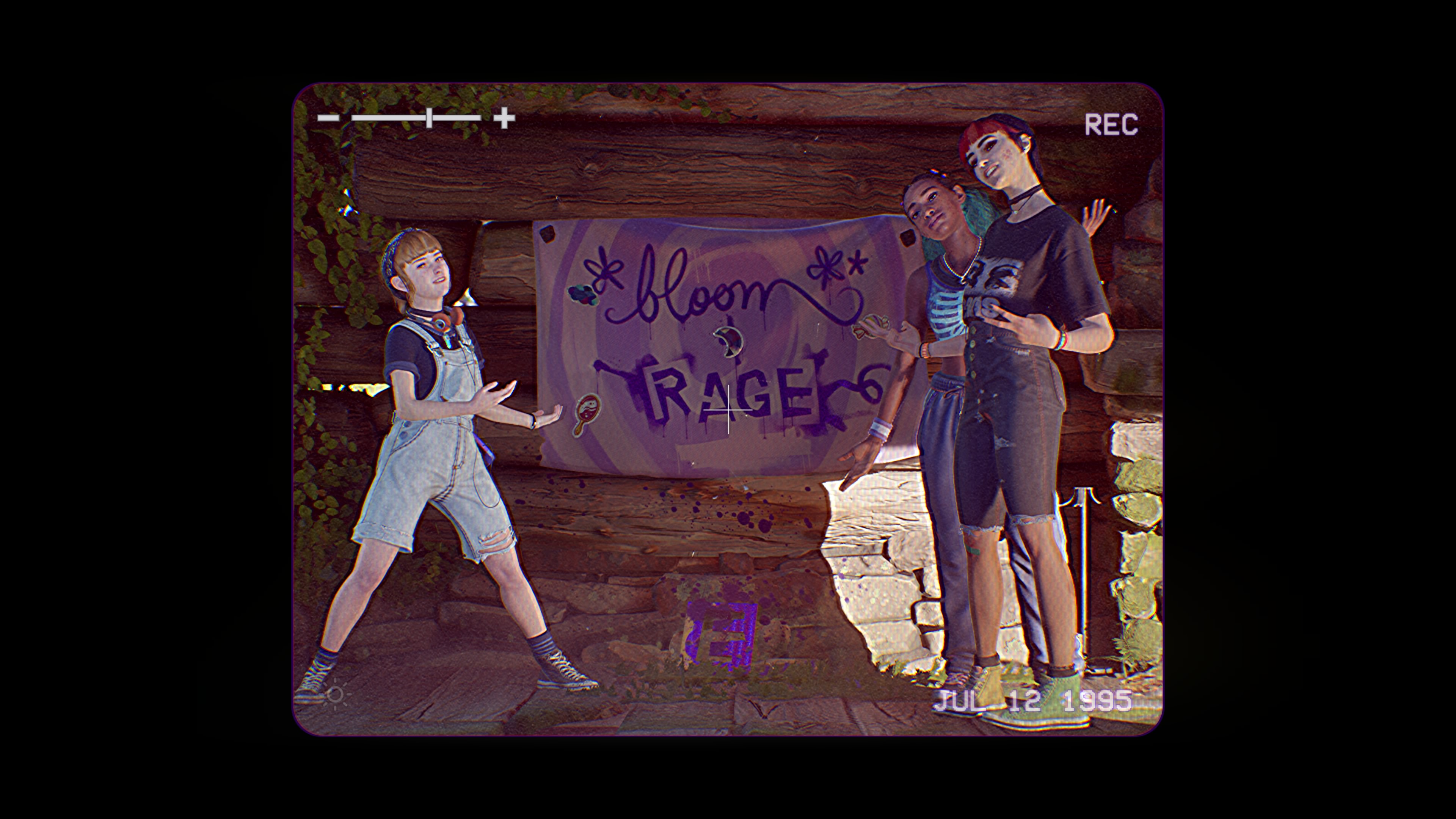 A screenshot from Lost Records: Bloom & Rage depicting teen girls standing next to a hand-painted sign that says Bloom & Rage on it