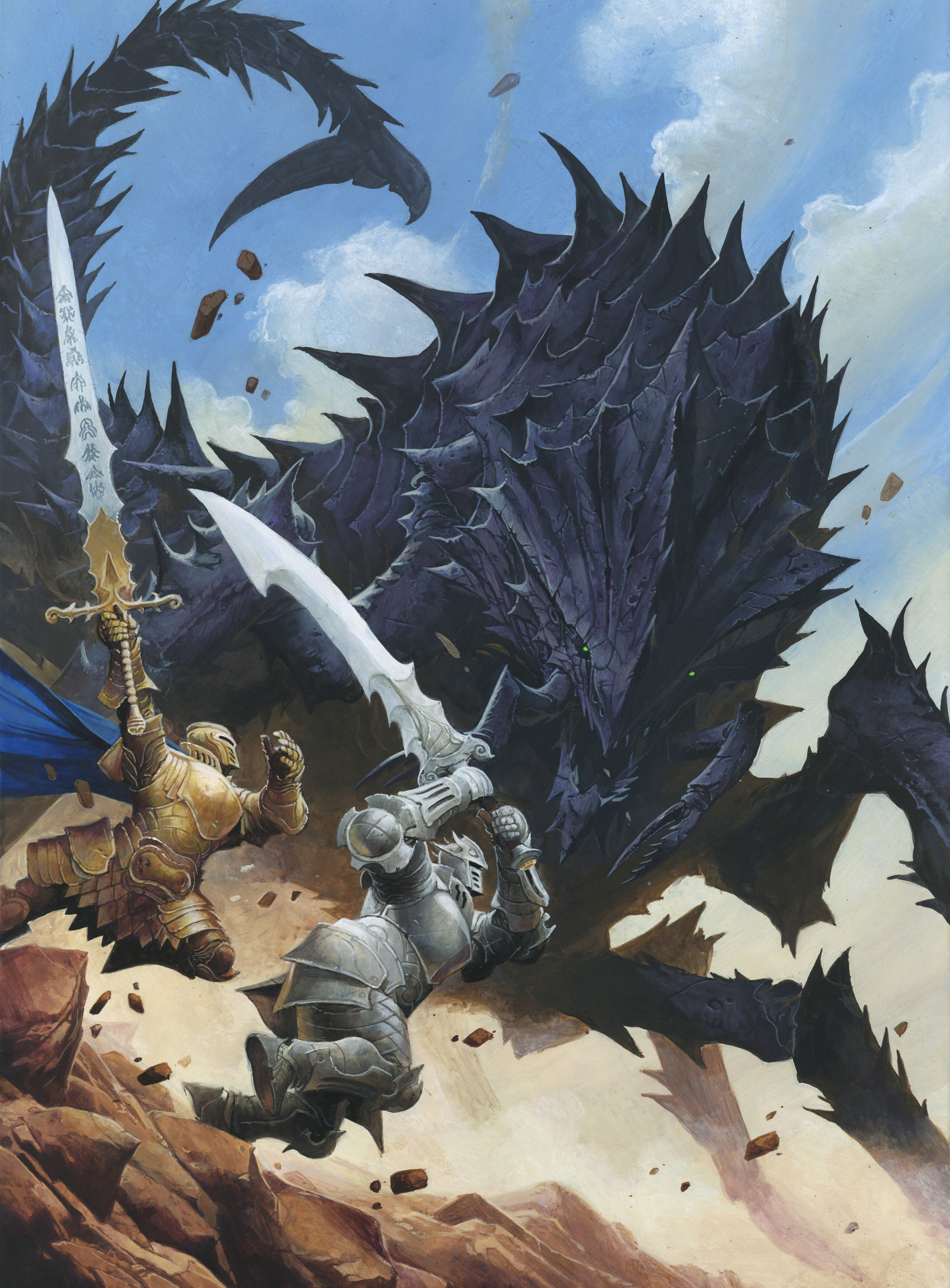 Two shart bearers fight a chasmfiend in art from The Stormlight RPG.