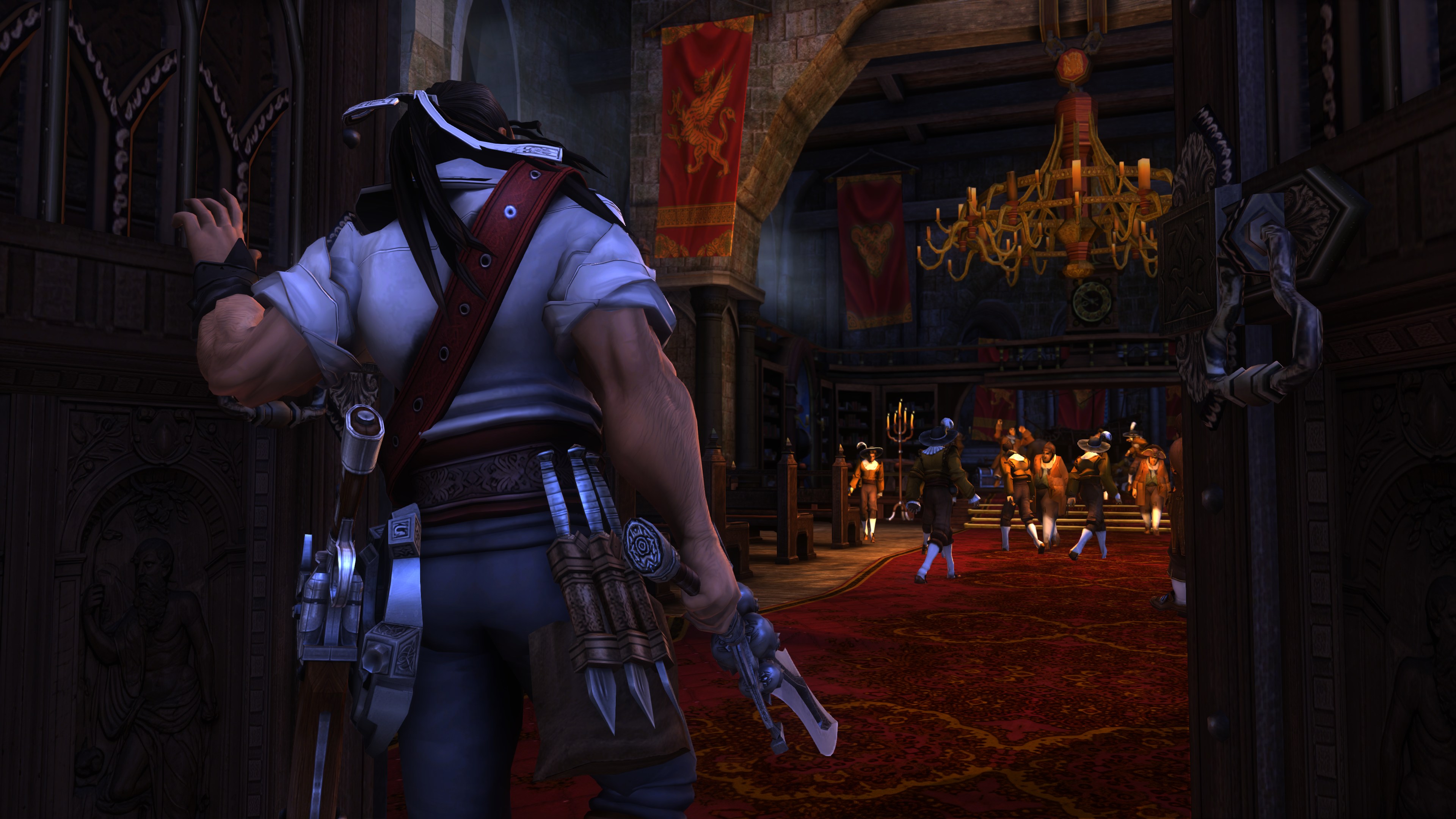 A screenshot from Captain Blood, featuring a character opening a large set of wooden doors and peering at a group of people amassed in an opulent hall.
