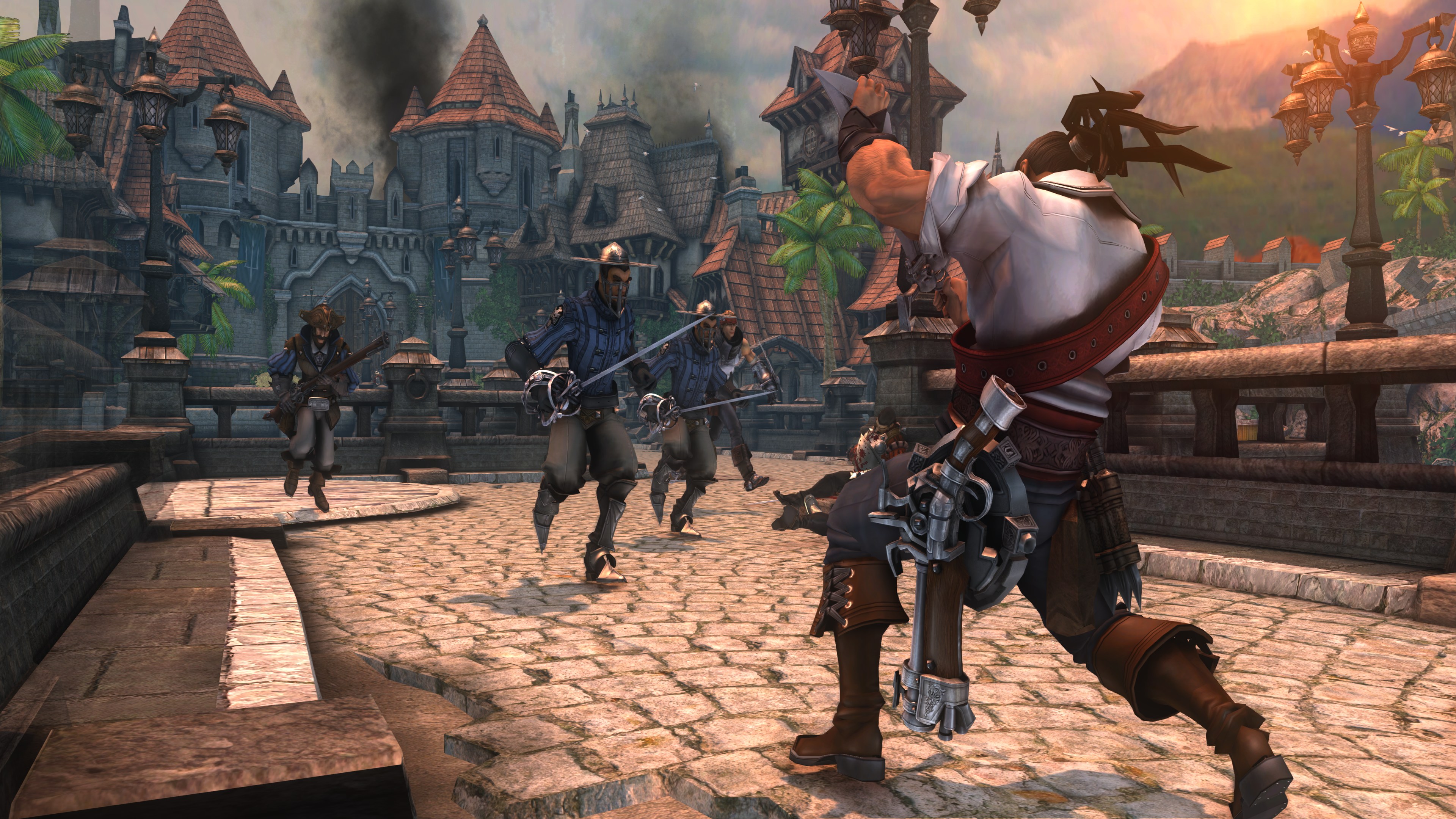 A screenshot from Captain Blood, featuring a character facing off against a large group of enemies wielding rapiers.