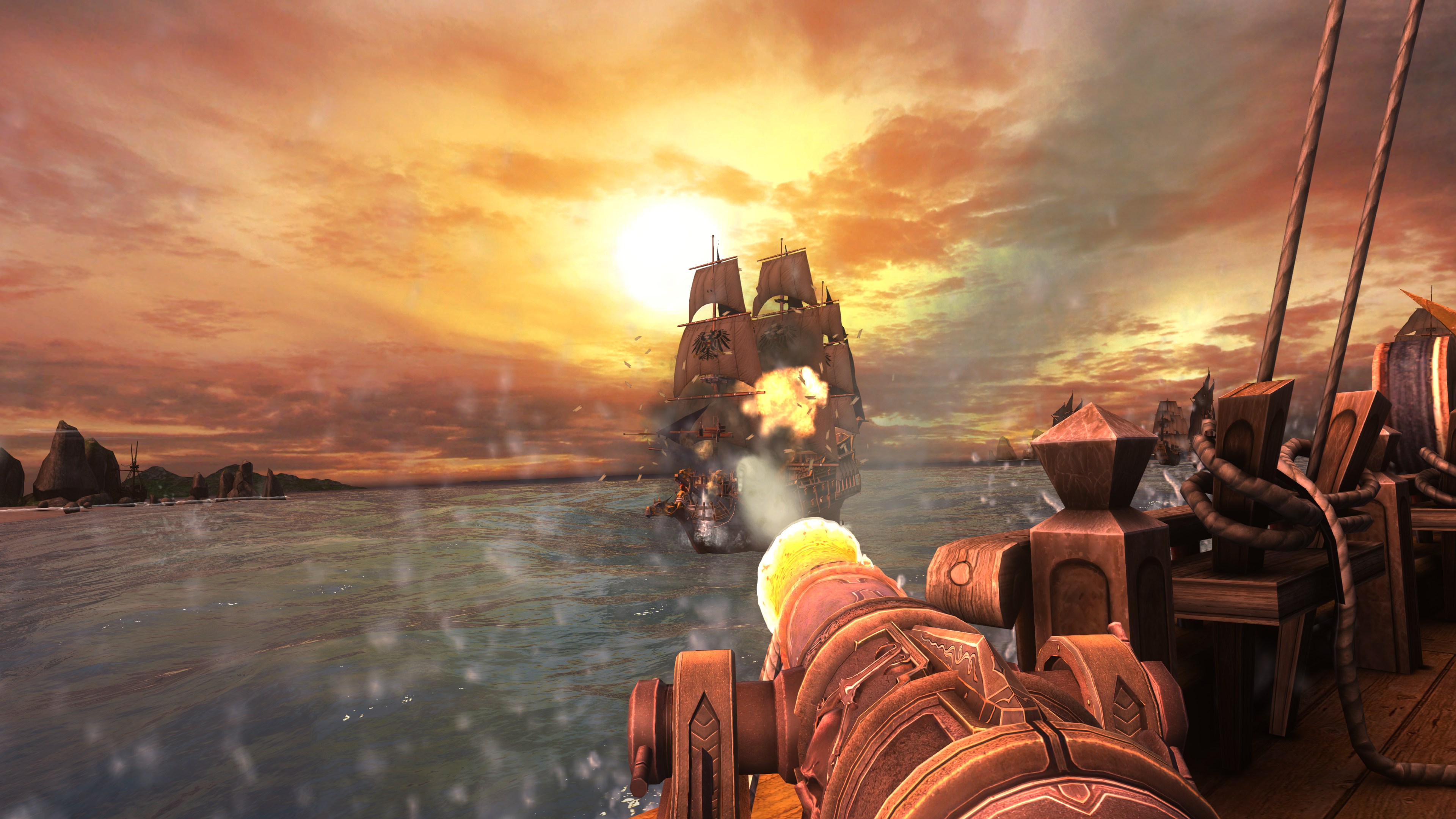 A screenshot from Captain Blood, featuring a cannon firing a volley at the broadside of a nearby enemy vessel at sea.