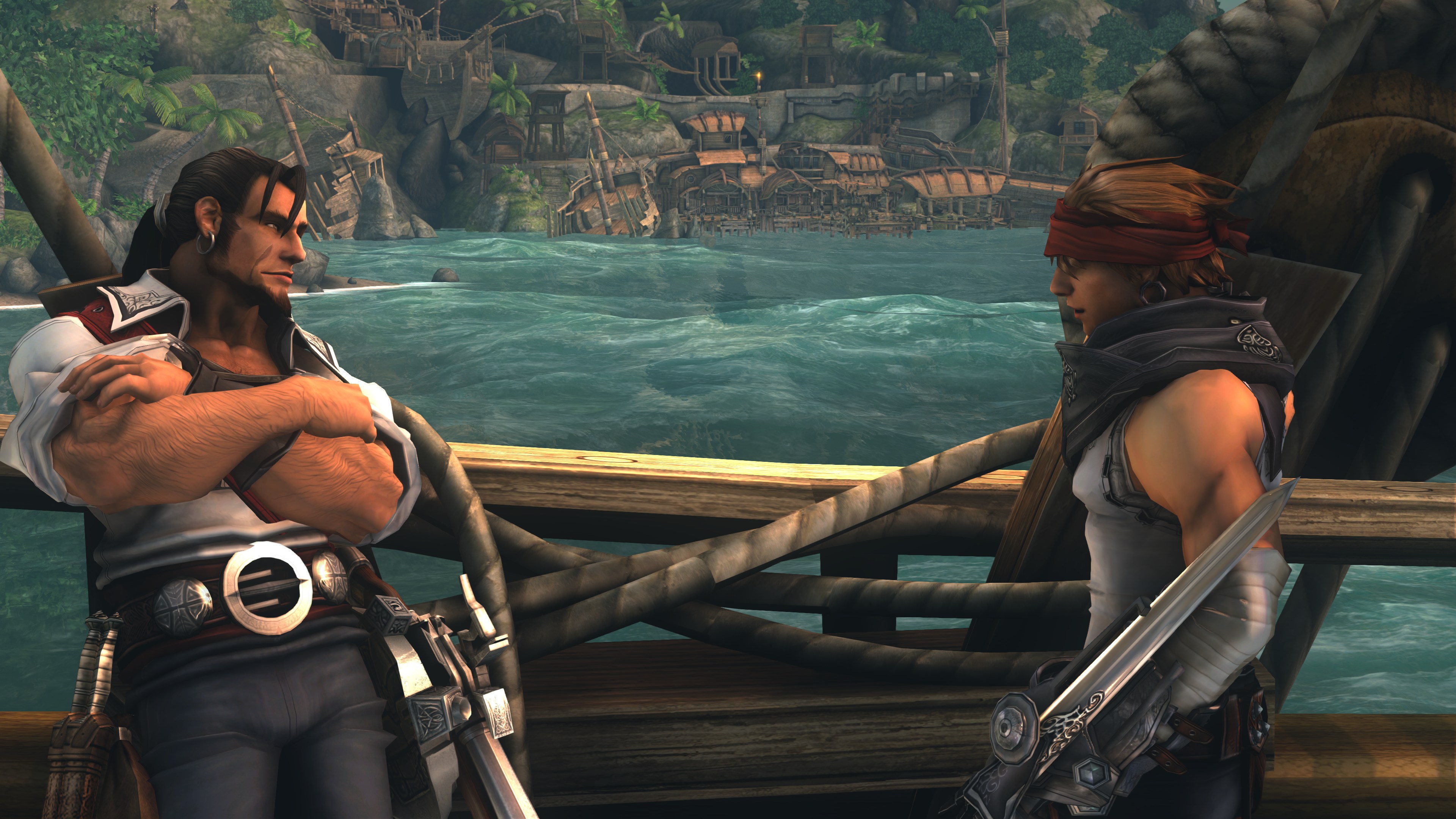 A screenshot from Captain Blood, featuring a character leaning against the side of a ship while talking to another character.