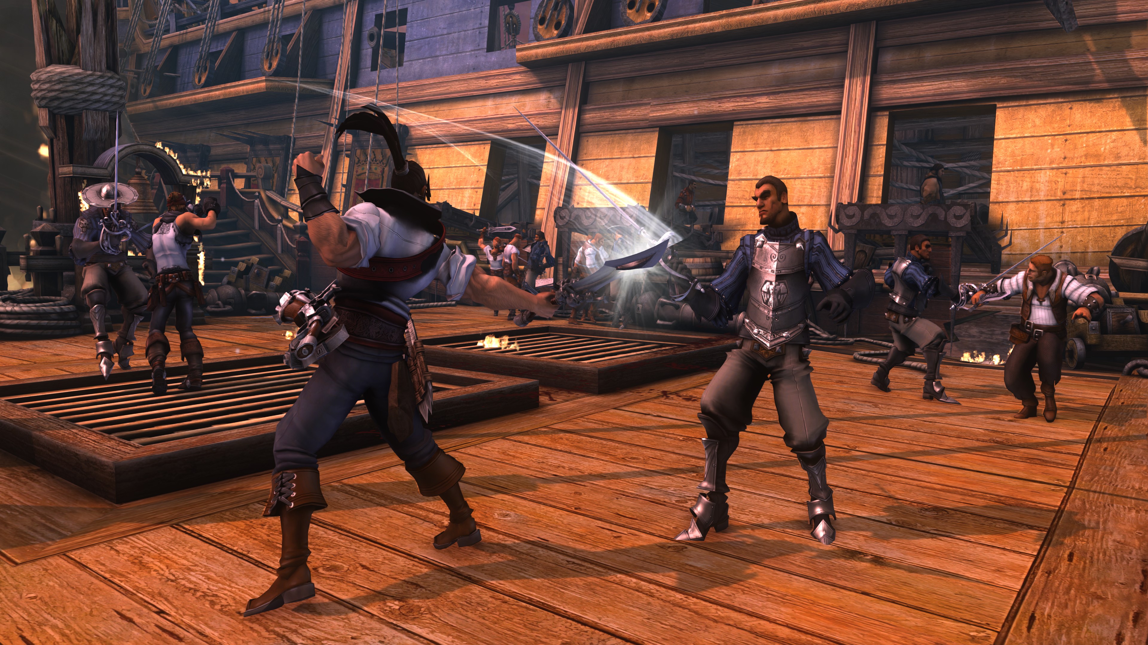A screenshot from Captain Blood, featuring a character parrying a sword attack against an opponent while surrounded by a group of characters fighting on the deck of a ship.