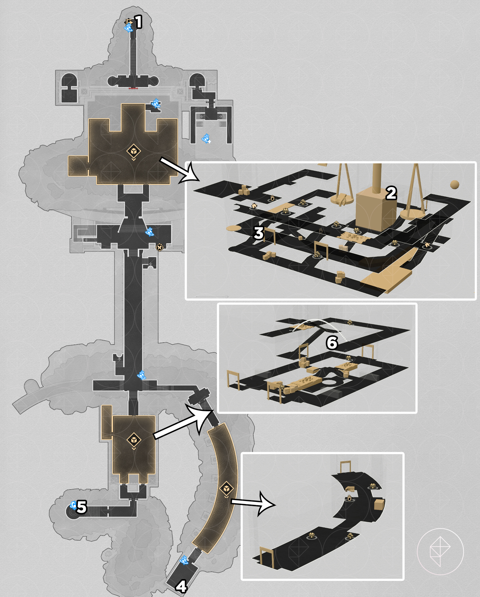 A map of “Sanctum of Prophecy” Janusopolis’ top floor, showing where to find various nymphs in Honkai: Star Rail.