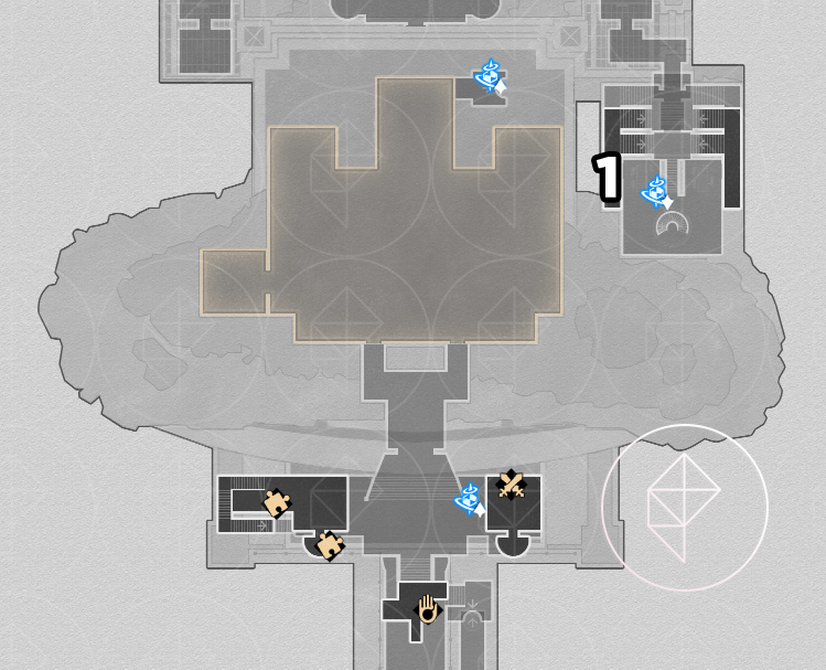 A map of “Sanctum of Prophecy” Janusopolis’ second floor, showing where to find various nymphs in Honkai: Star Rail.