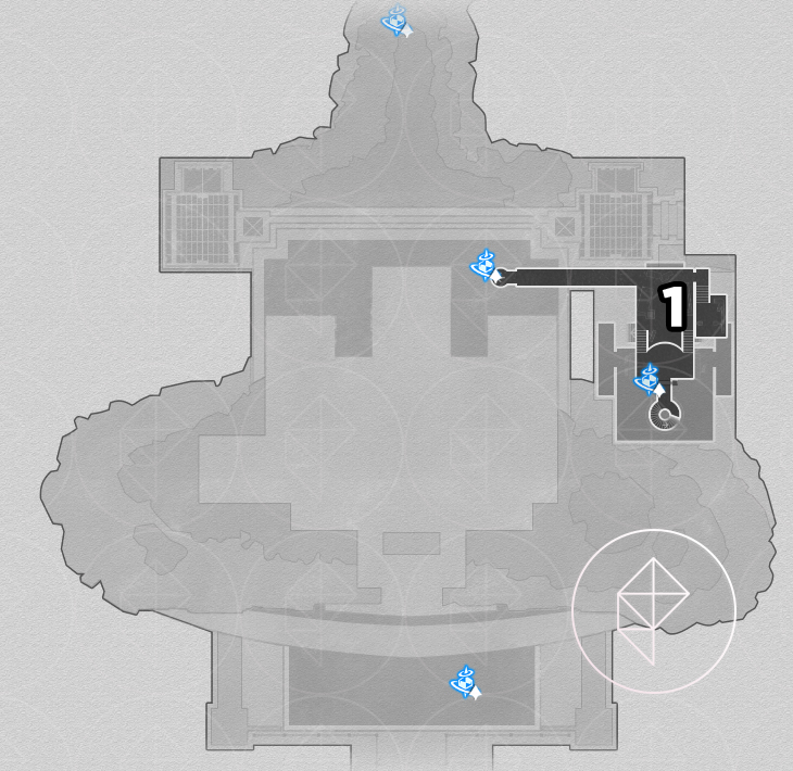 A map of “Sanctum of Prophecy” Janusopolis’ bottom floor, showing where to find various nymphs in Honkai: Star Rail.