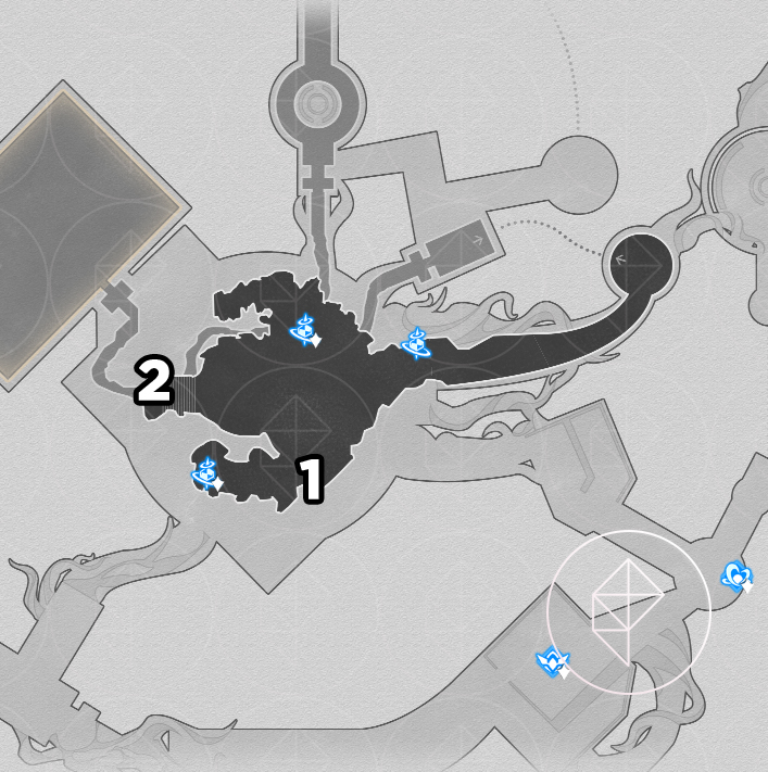 A map of “Murmuring Woods” Grove of Epiphany in Honkai: Star Rail, showing where to find all the nymphs on the top floor.