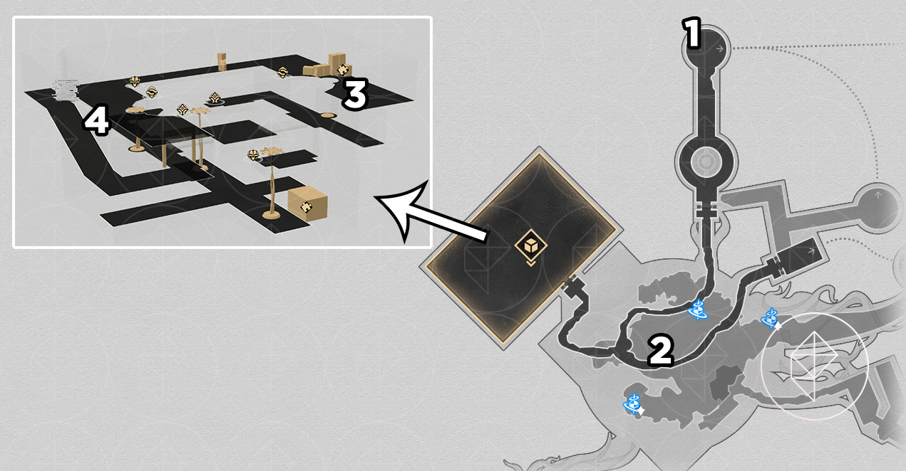 A map of “Murmuring Woods” Grove of Epiphany in Honkai: Star Rail, showing where to find all the nymphs on the second floor.