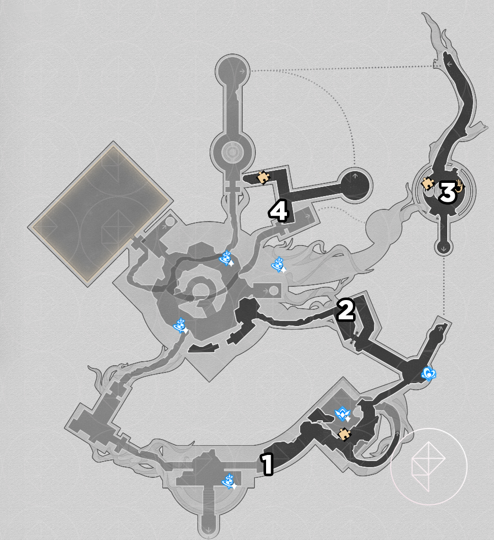 A map of “Murmuring Woods” Grove of Epiphany in Honkai: Star Rail, showing where to find all the nymphs on the third floor.