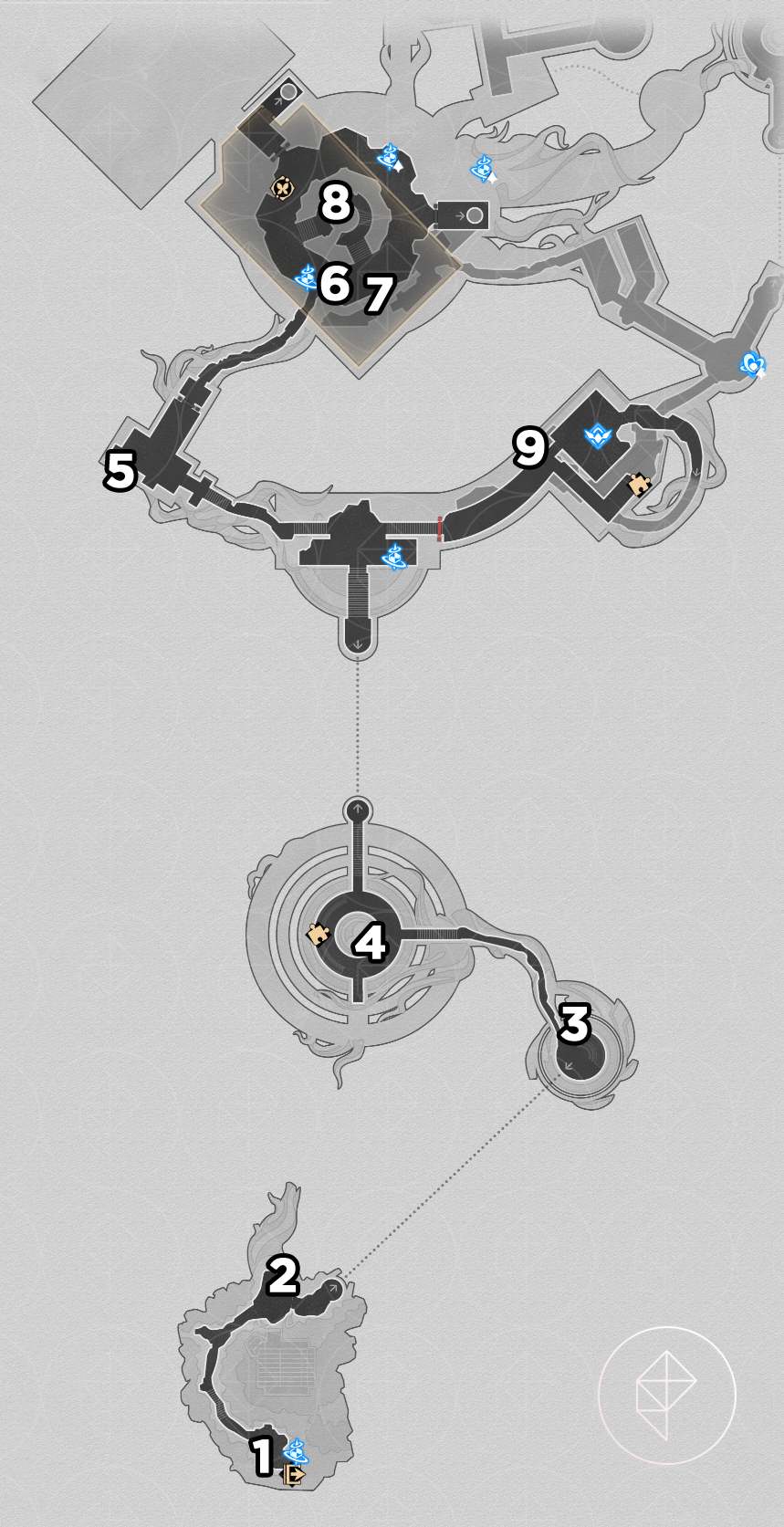 A map of “Murmuring Woods” Grove of Epiphany in Honkai: Star Rail, showing where to find all the nymphs on the fourth floor.