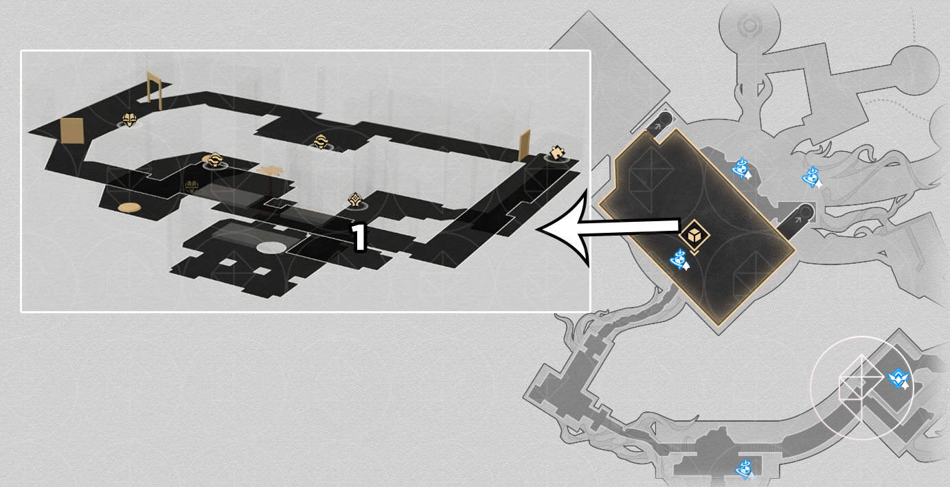 A map of “Murmuring Woods” Grove of Epiphany in Honkai: Star Rail, showing where to find all the nymphs on the fifth floor.