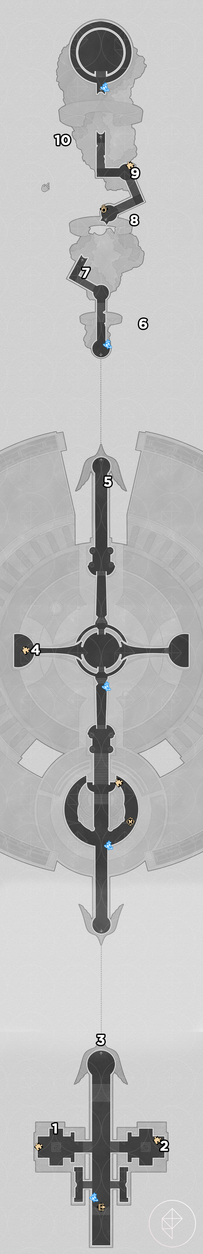 A map of the Demigod area in Honkai: Star Rail, numbering where the 10 nymphs are.