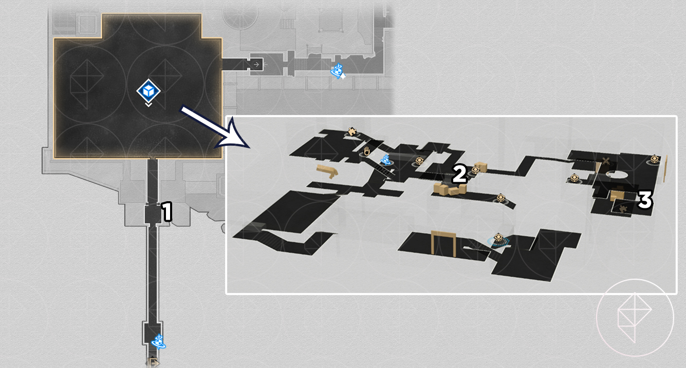 A map of the first floor of the Dragonbone area in Honkai: Star Rail, showing where to find the nymphs.
