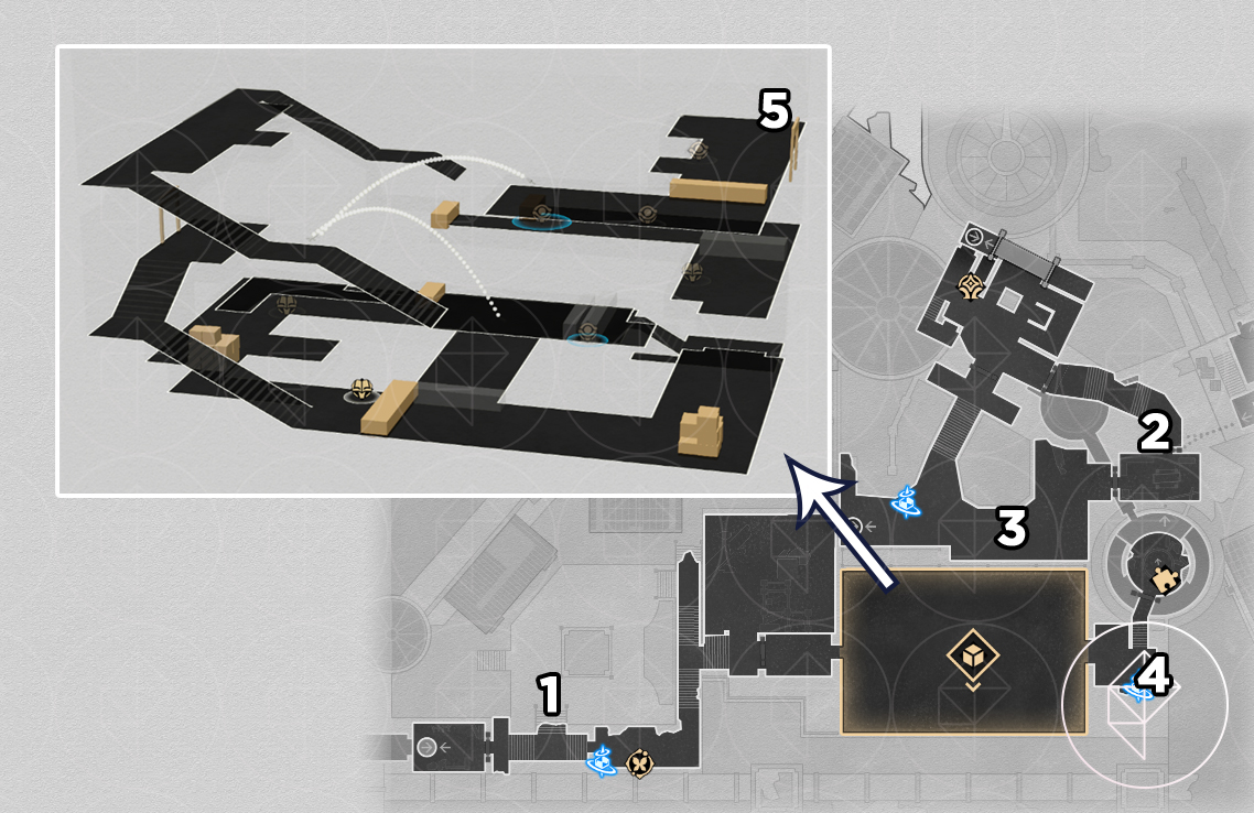 A map of the second floor of the Dragonbone City area in Honkai: Star Rail, noting where to find various nymphs.