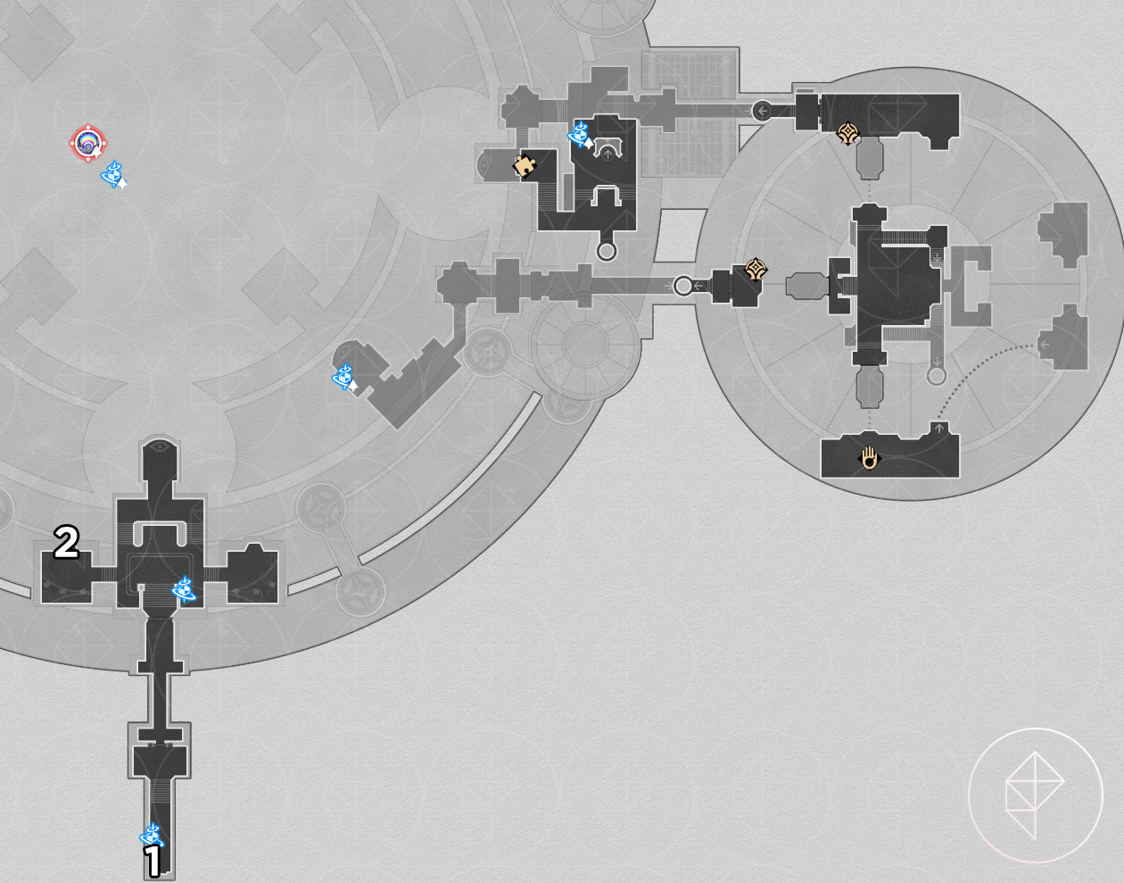 A map of “Fortress of Dome” Eye of Twilight in Honkai: Star Rail showing where to find two nymphs on the upper levels.