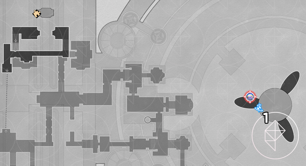 A map of “Fortress of Dome” Eye of Twilight in Honkai: Star Rail showing where to find a nymph on the upper level.