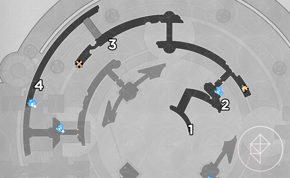 A map of “Cloudedge Bastion Ruins” Eye of Twilight in Honkai: Star Rail, showing where to find four nymphs.