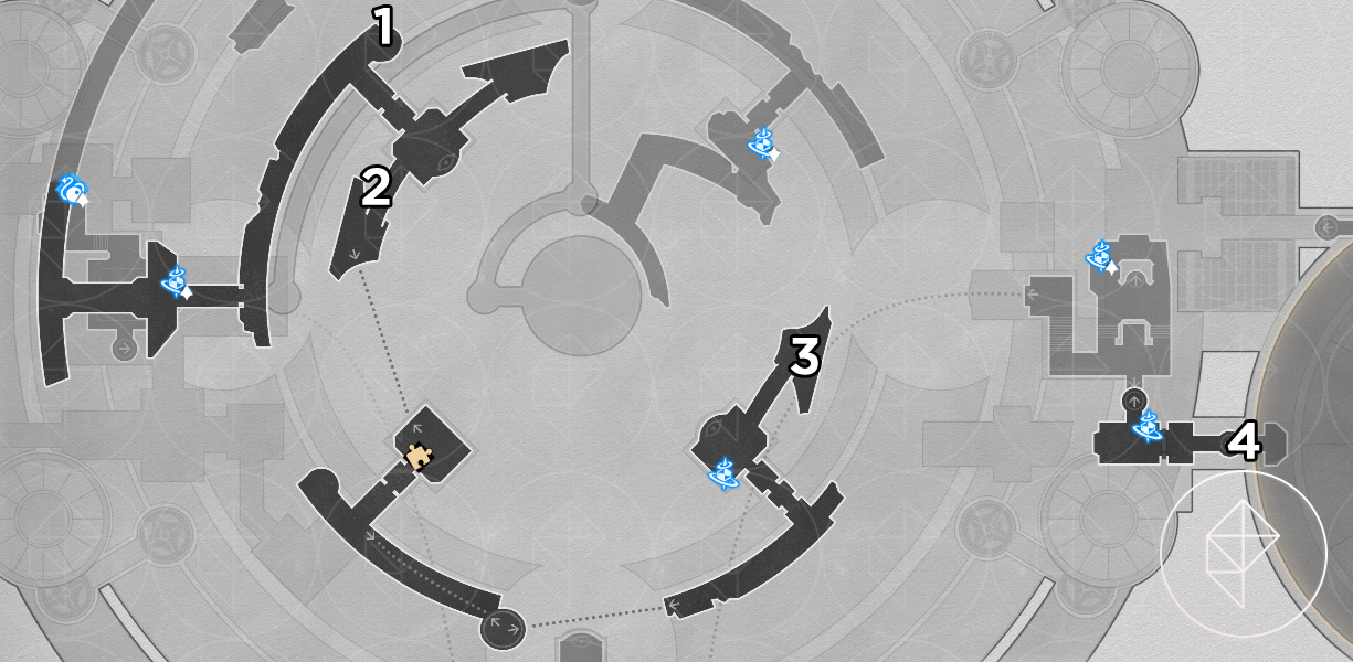 A map of “Cloudedge Bastion Ruins” Eye of Twilight in Honkai: Star Rail, showing where to find four nymphs on the middle level.