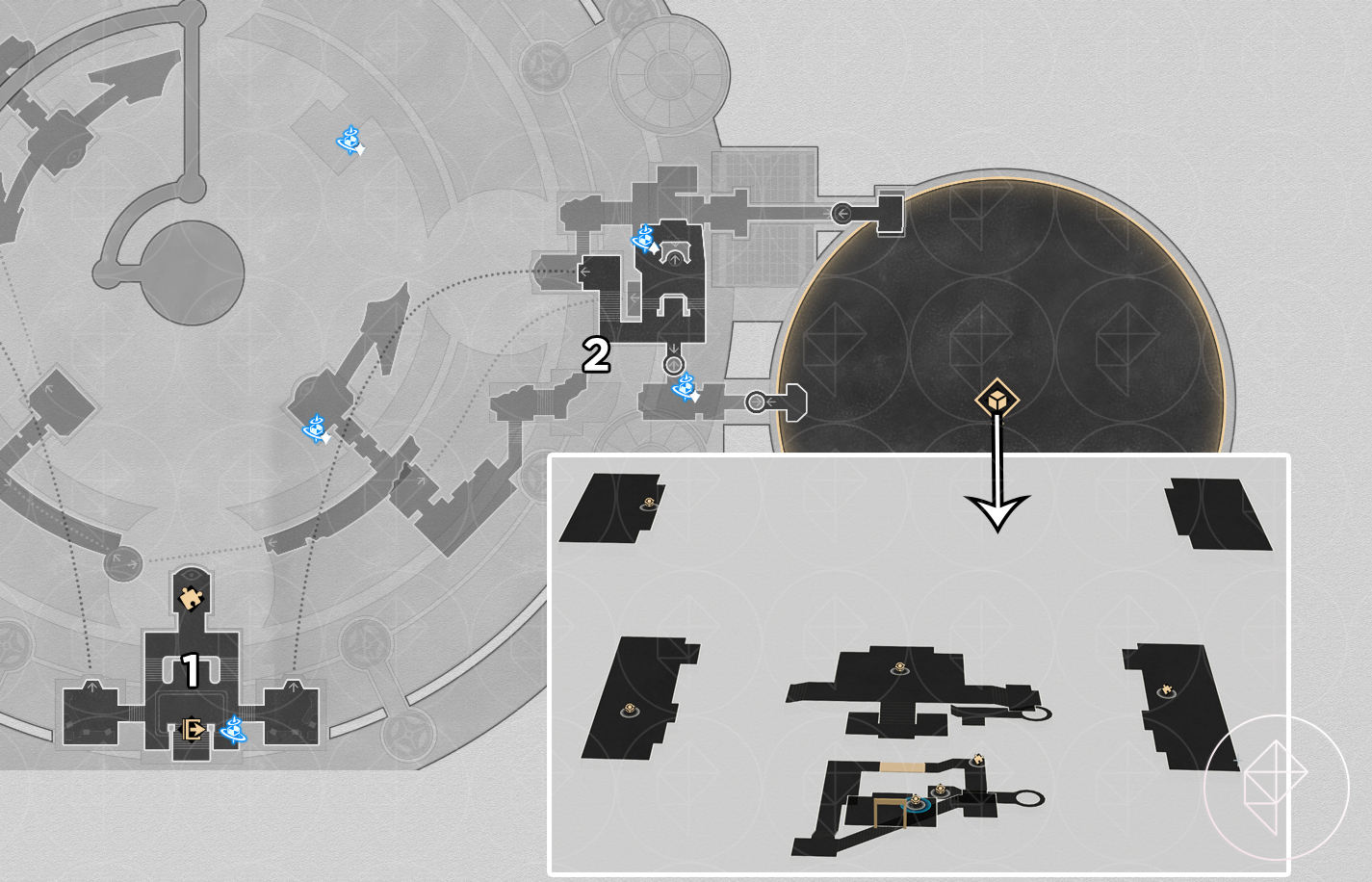 A map of “Cloudedge Bastion Ruins” Eye of Twilight in Honkai: Star Rail, showing where to find two nymphs on an upper floor.