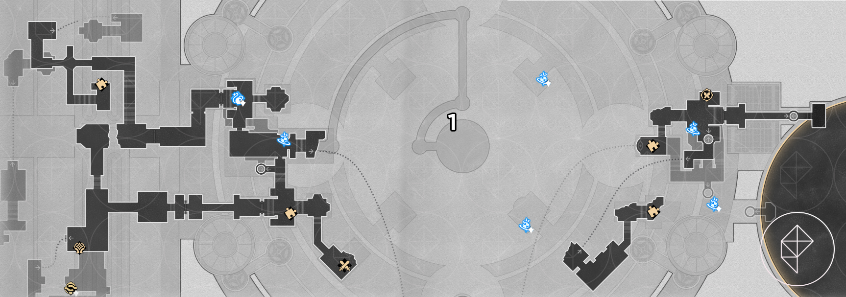 A map of “Cloudedge Bastion Ruins” Eye of Twilight in Honkai: Star Rail, showing where to find the last nymph.