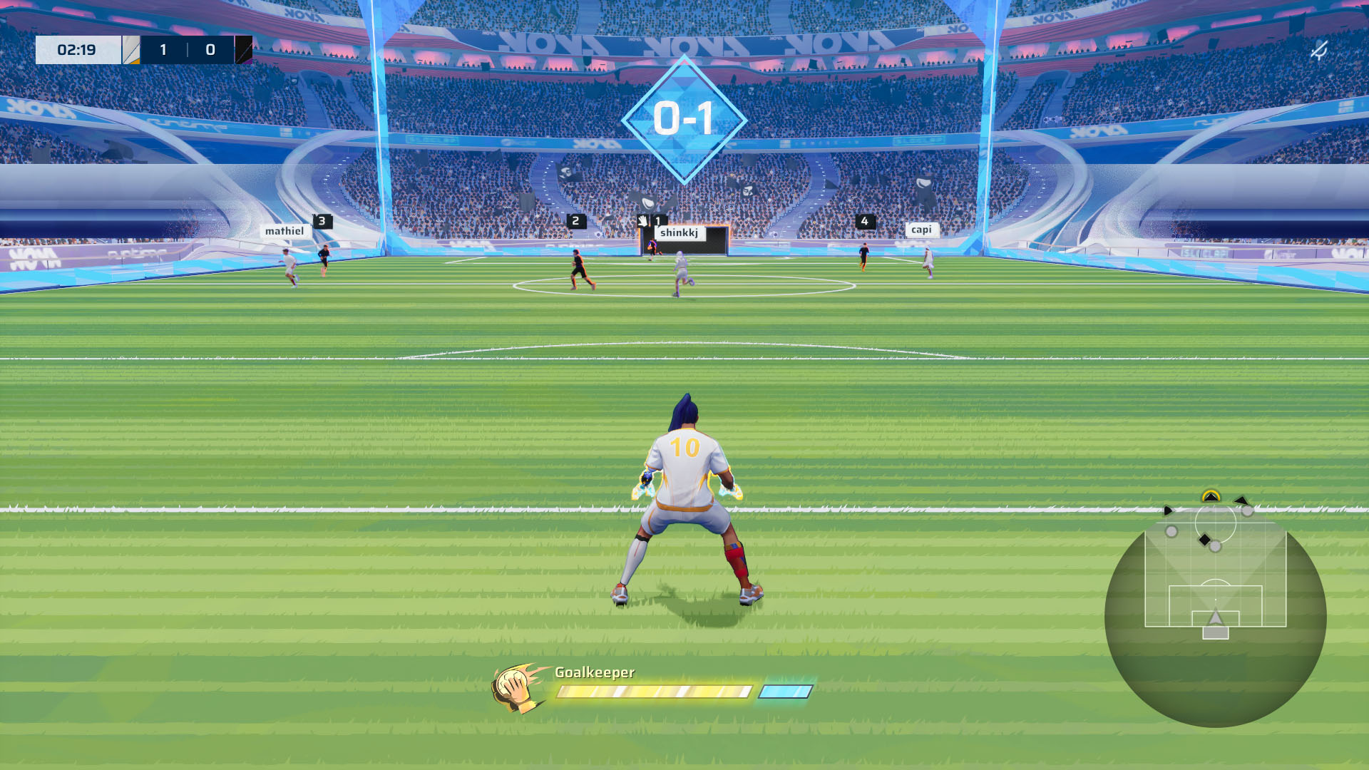 A Rematch screenshot showing the character playing the role of the goalkeeper.