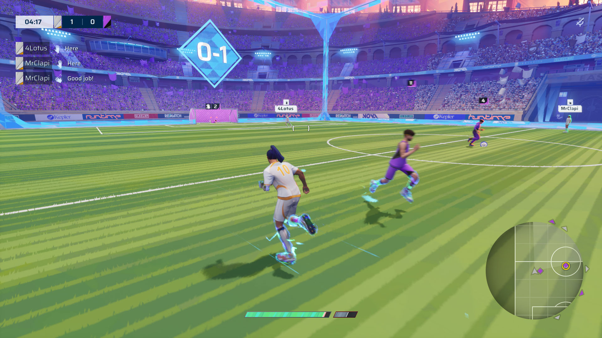 A Rematch screenshot showing the character running close to the opposing team.