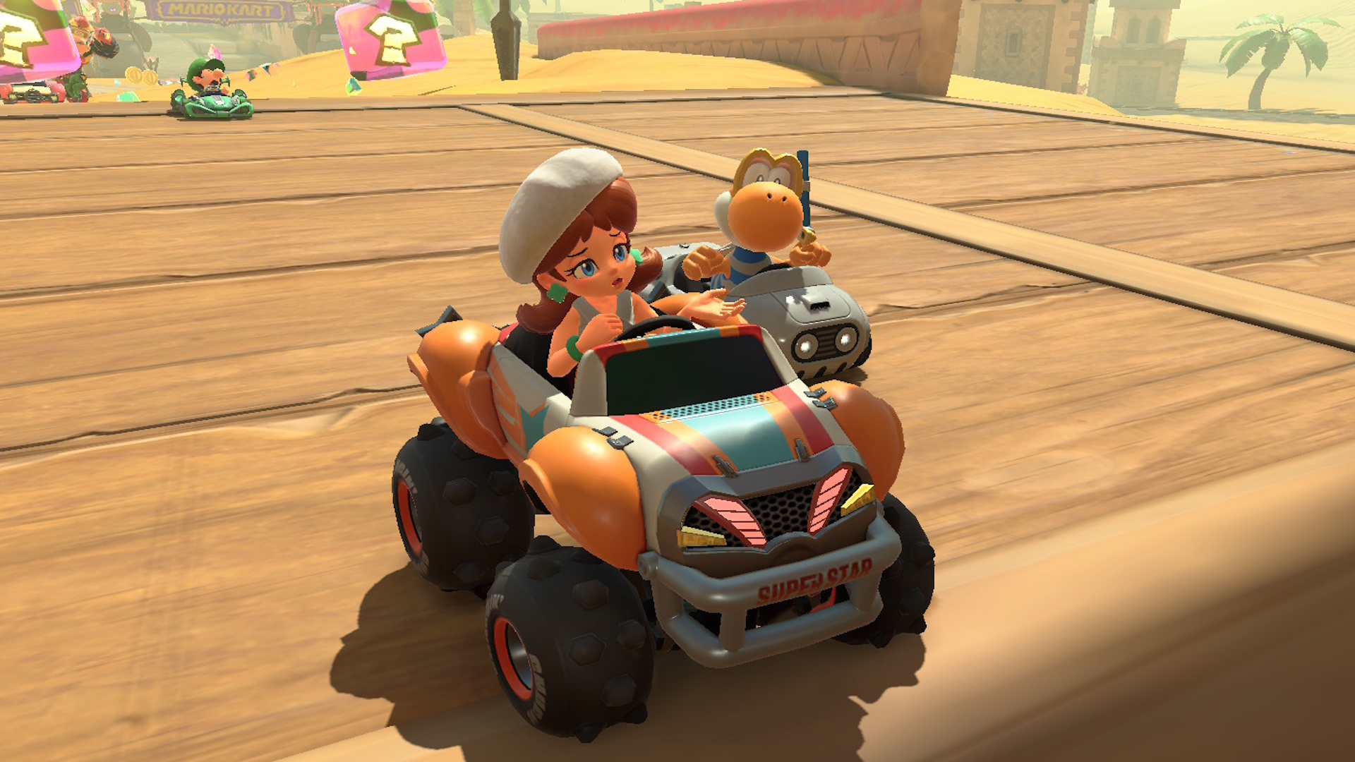 Daisy looking nonplussed in Mario Kart World