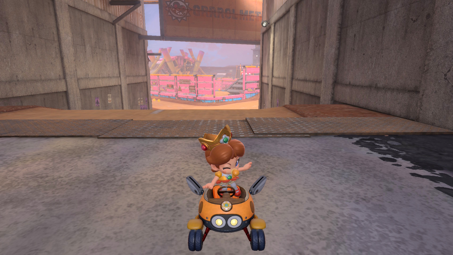 Baby Daisy doing a trick in the Biddy Buggy in Mario Kart World