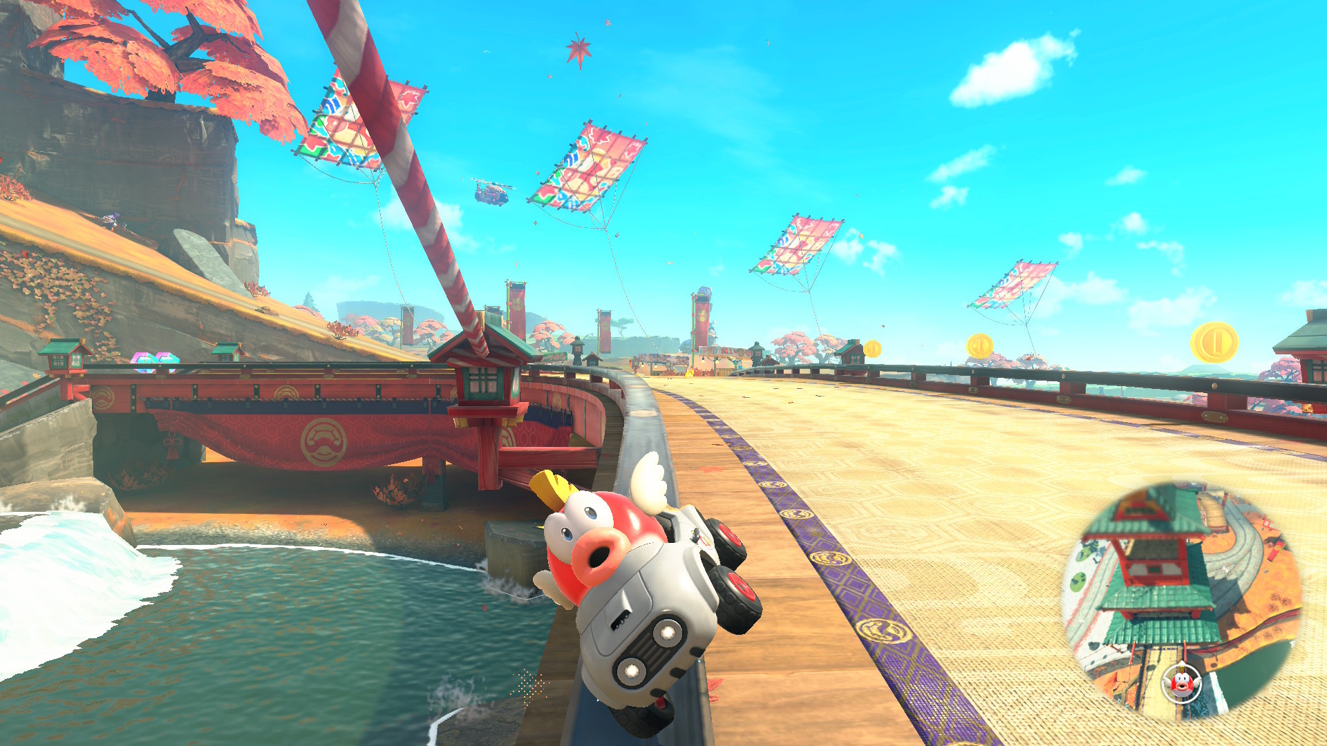 Cheep-Cheep riding a rail in Mario Kart World’s Cheep-Cheep Falls area
