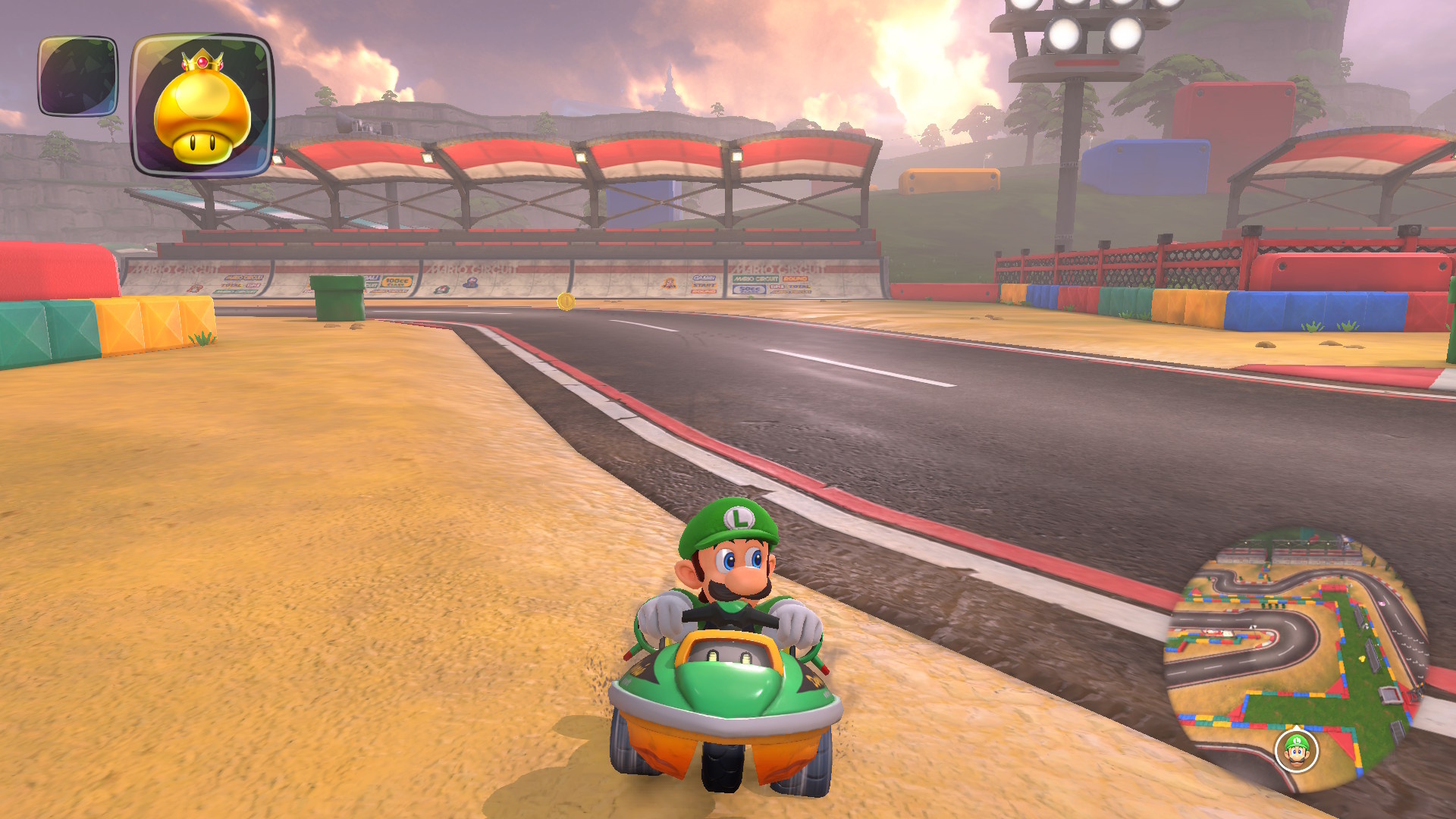 Luigi on Mario Circuit in Mario Kart World
