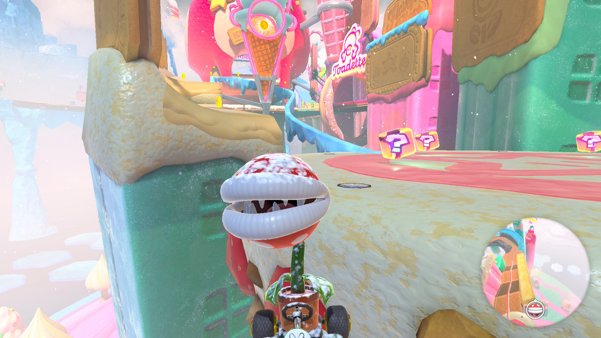 A snow-covered Piranha Plant in Mario Kart World