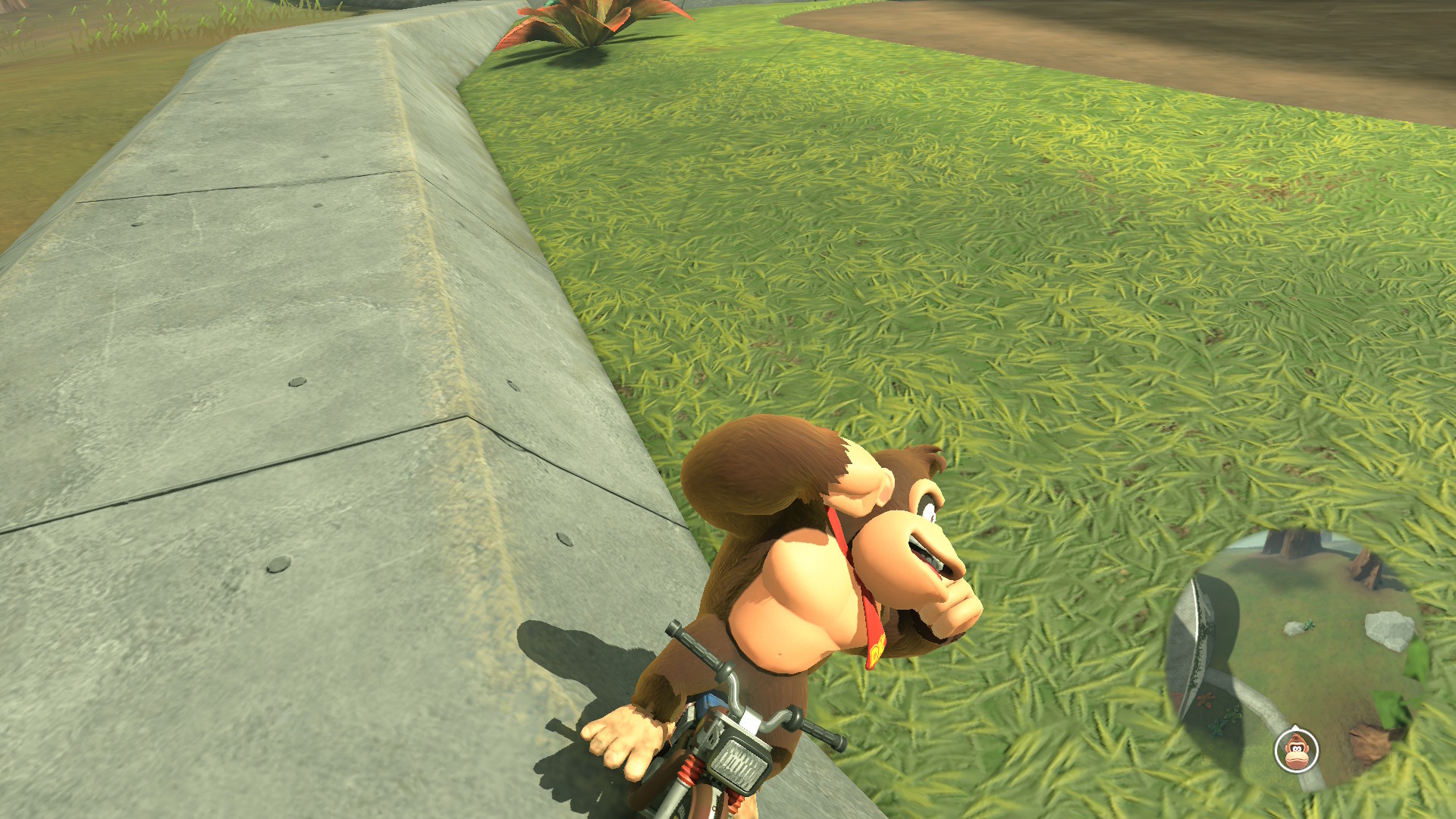Donkey Kong riding a bike at a dangerous-looking angle in Mario Kart World