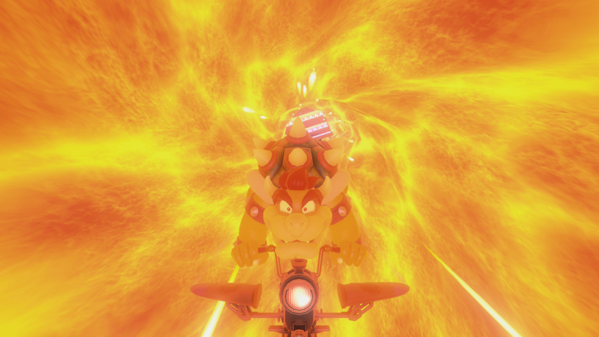 Bowser flying through a lava tunnel and looking rather frightened about it in Mario Kart World
