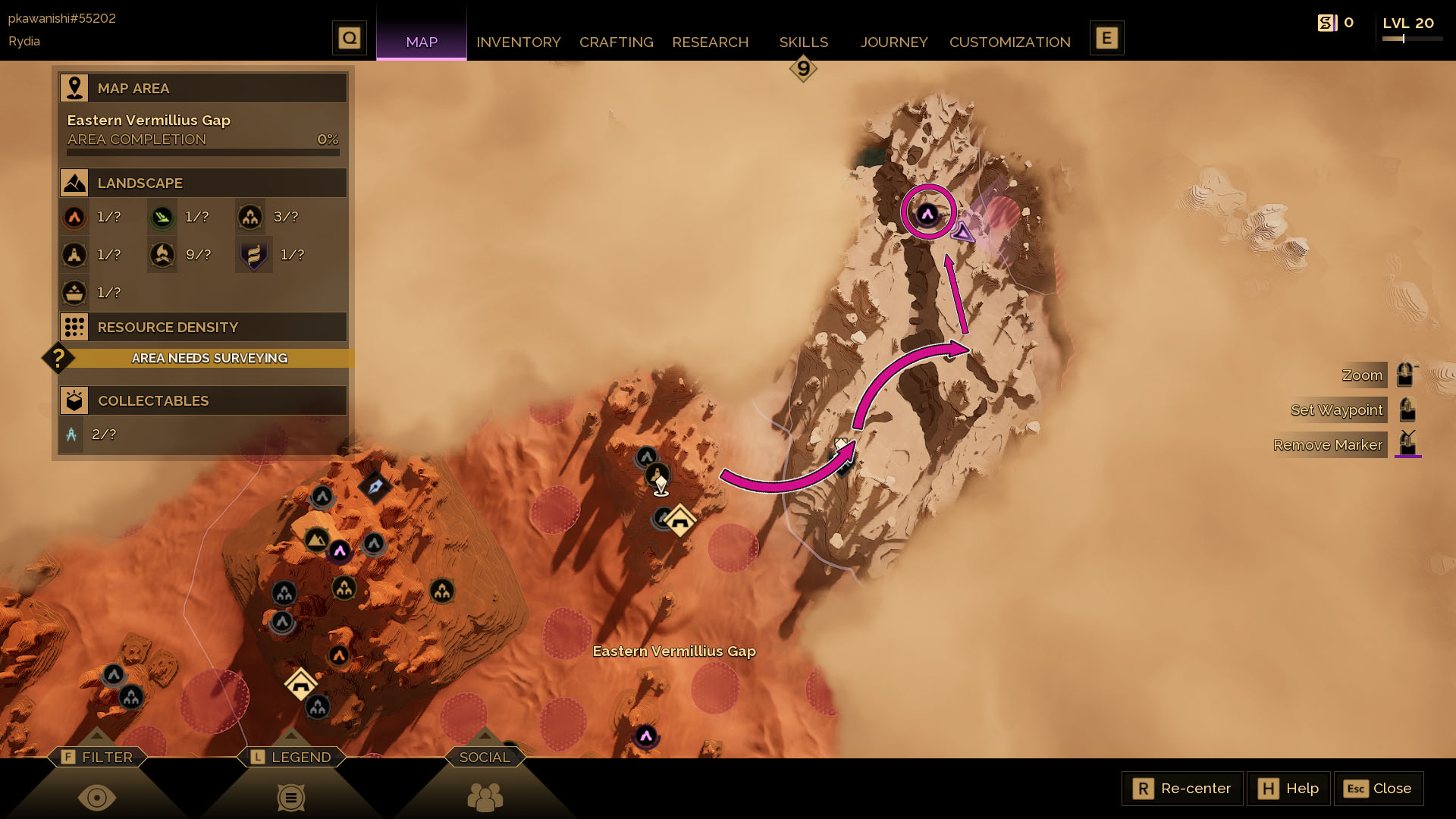 A Dune: Awakening screenshot showing the map of the Hagga Rift region and the path to find the entrance to the fifth trial.