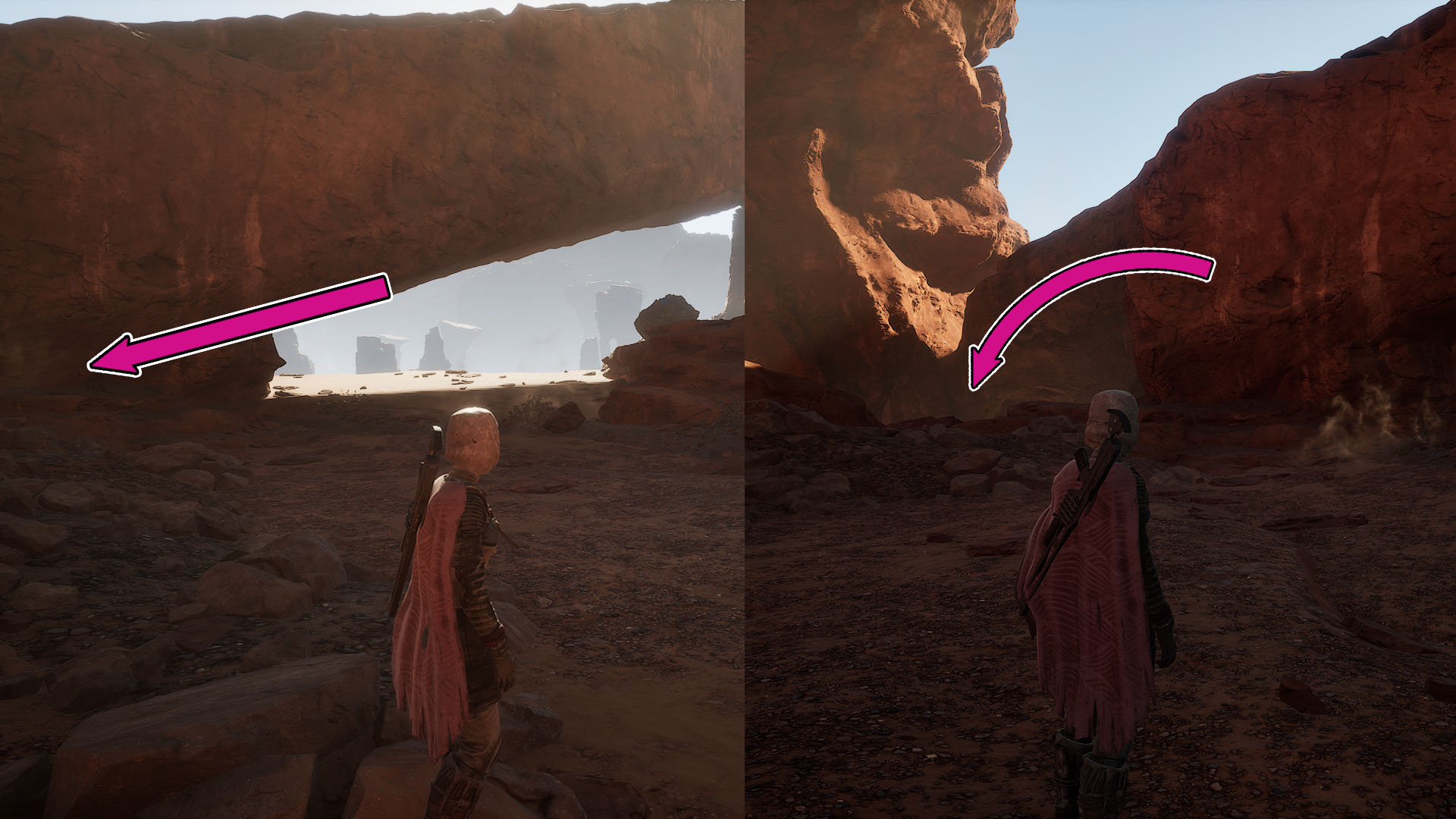 A montage with two Dune: Awakening screenshots showing the rock formation players need to look for to find the entrance to the fifh trial and where they must jump to find the altar.